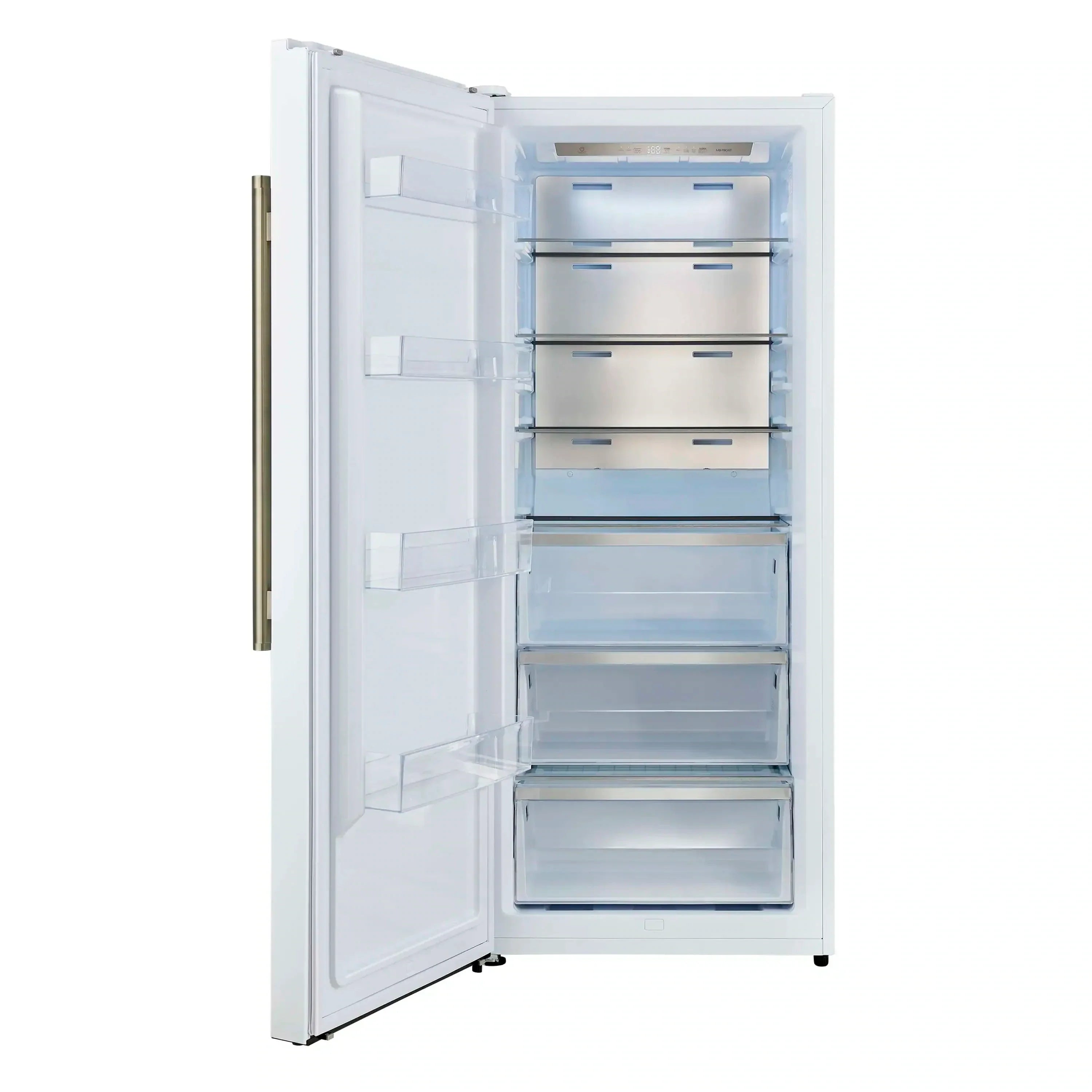White refrigerator with open door showing interior shelves and bins