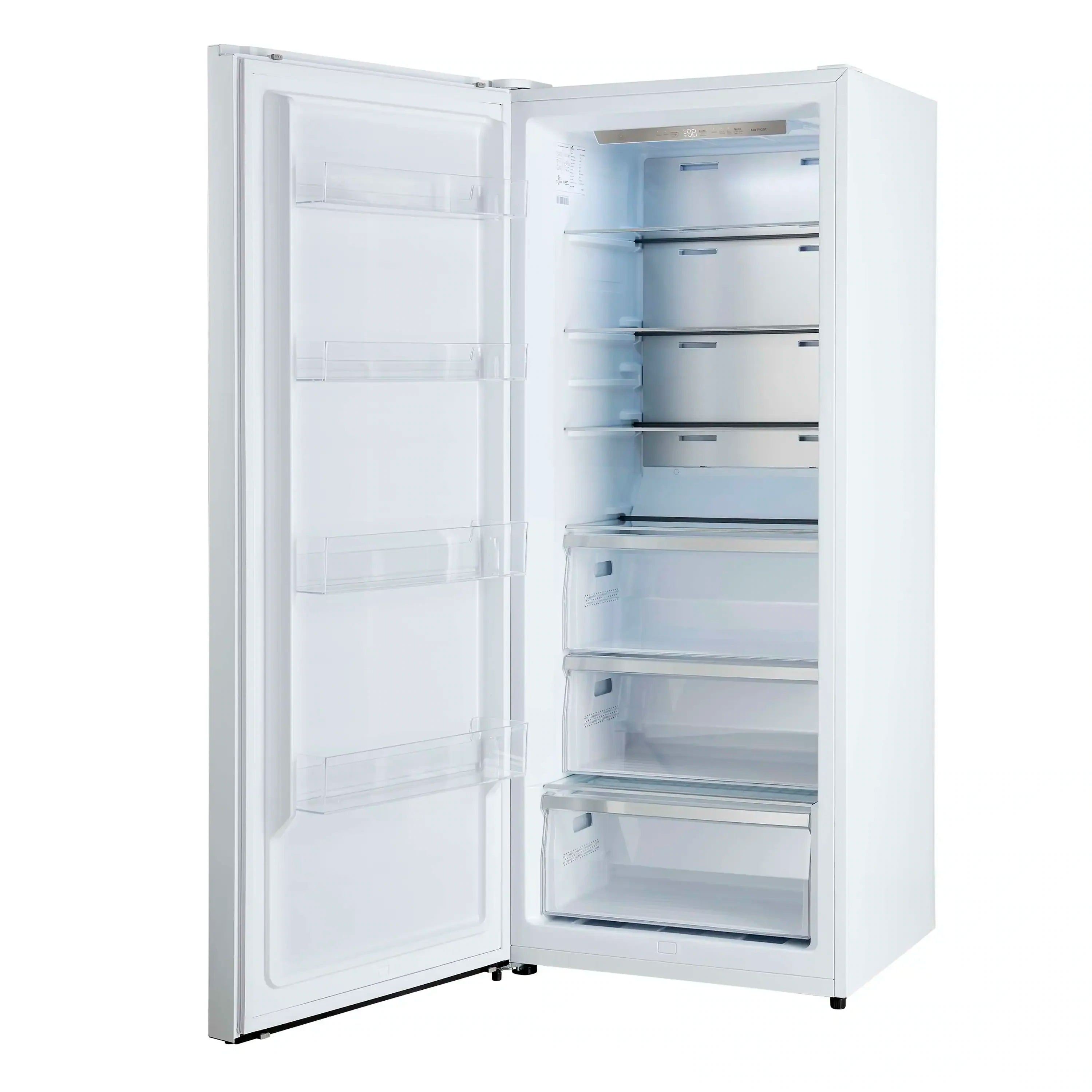 Built-in refrigerator/freezer interior with two open compartments, shelves and bins