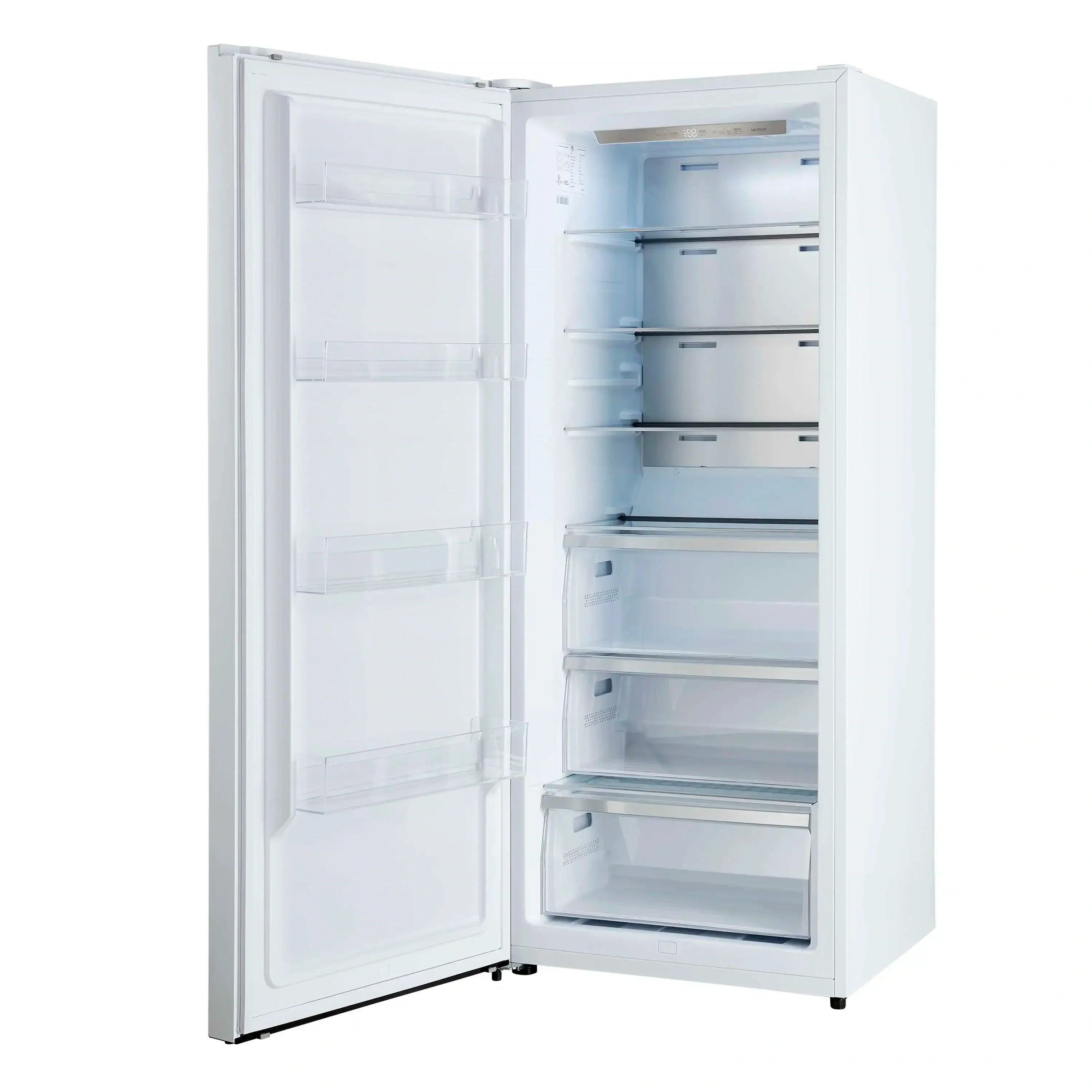 White refrigerator doors open with interior shelves and multiple storage bins