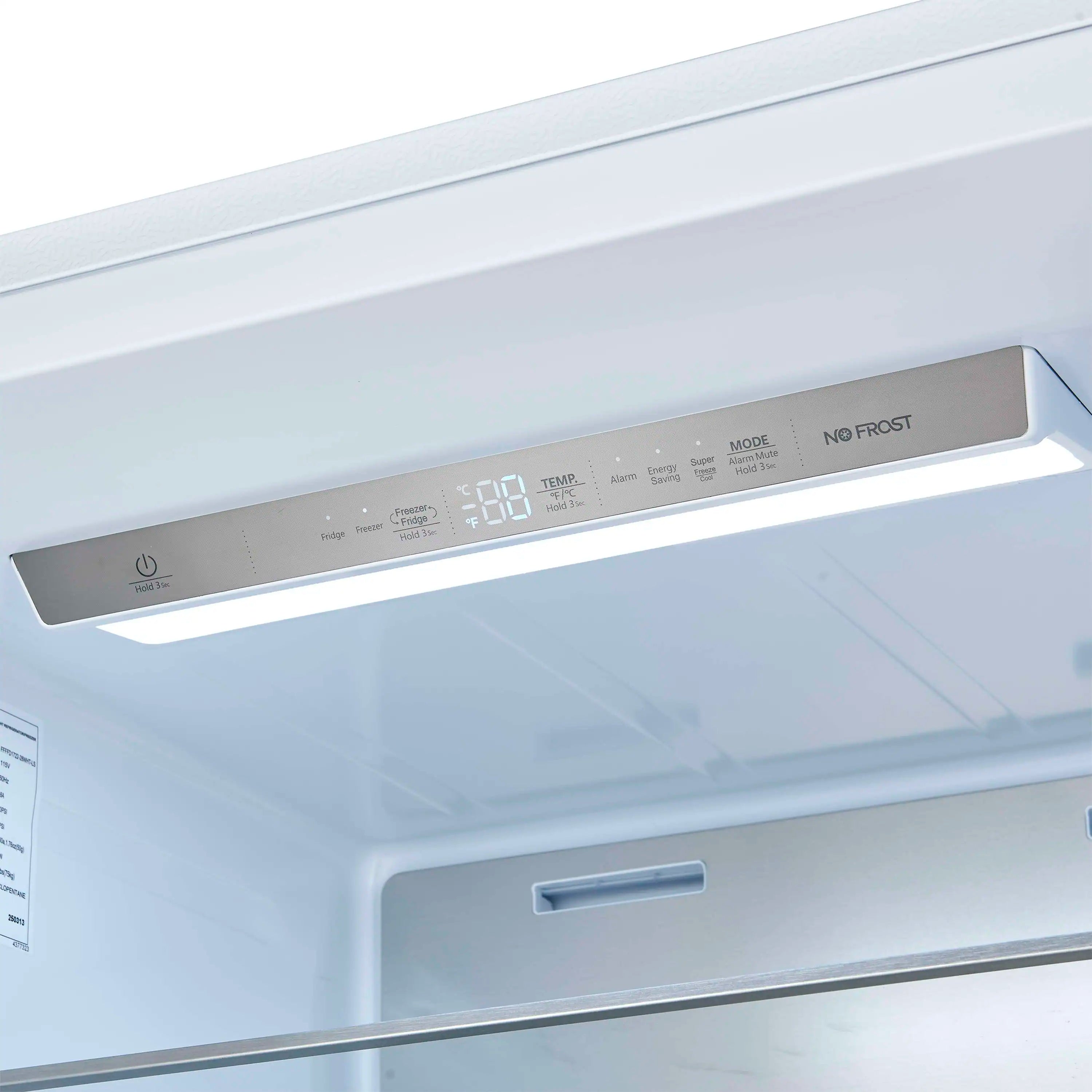 White refrigerator control panel with blue indicators and no-frost display