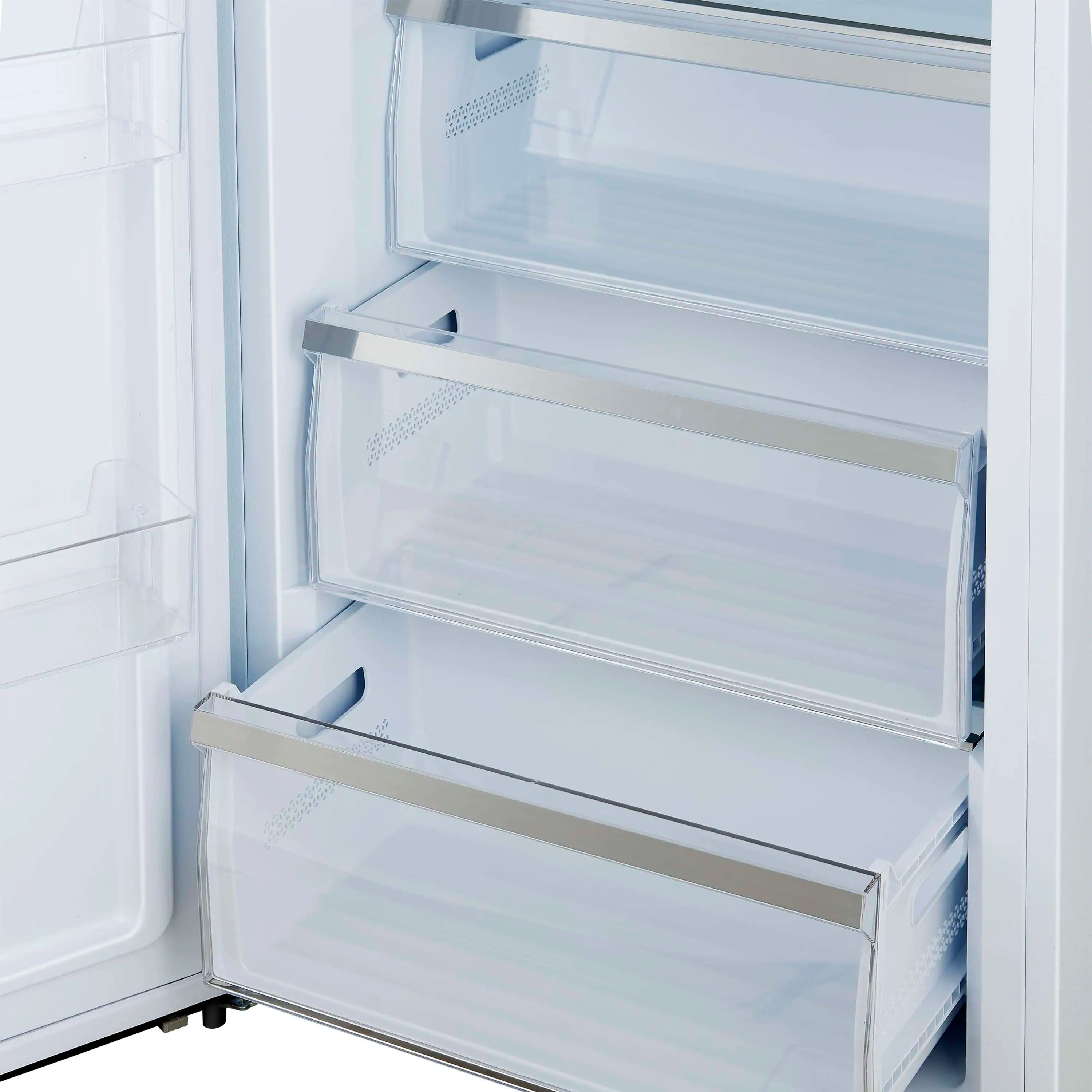 White refrigerator crisper drawers and bins with open freezer door area.