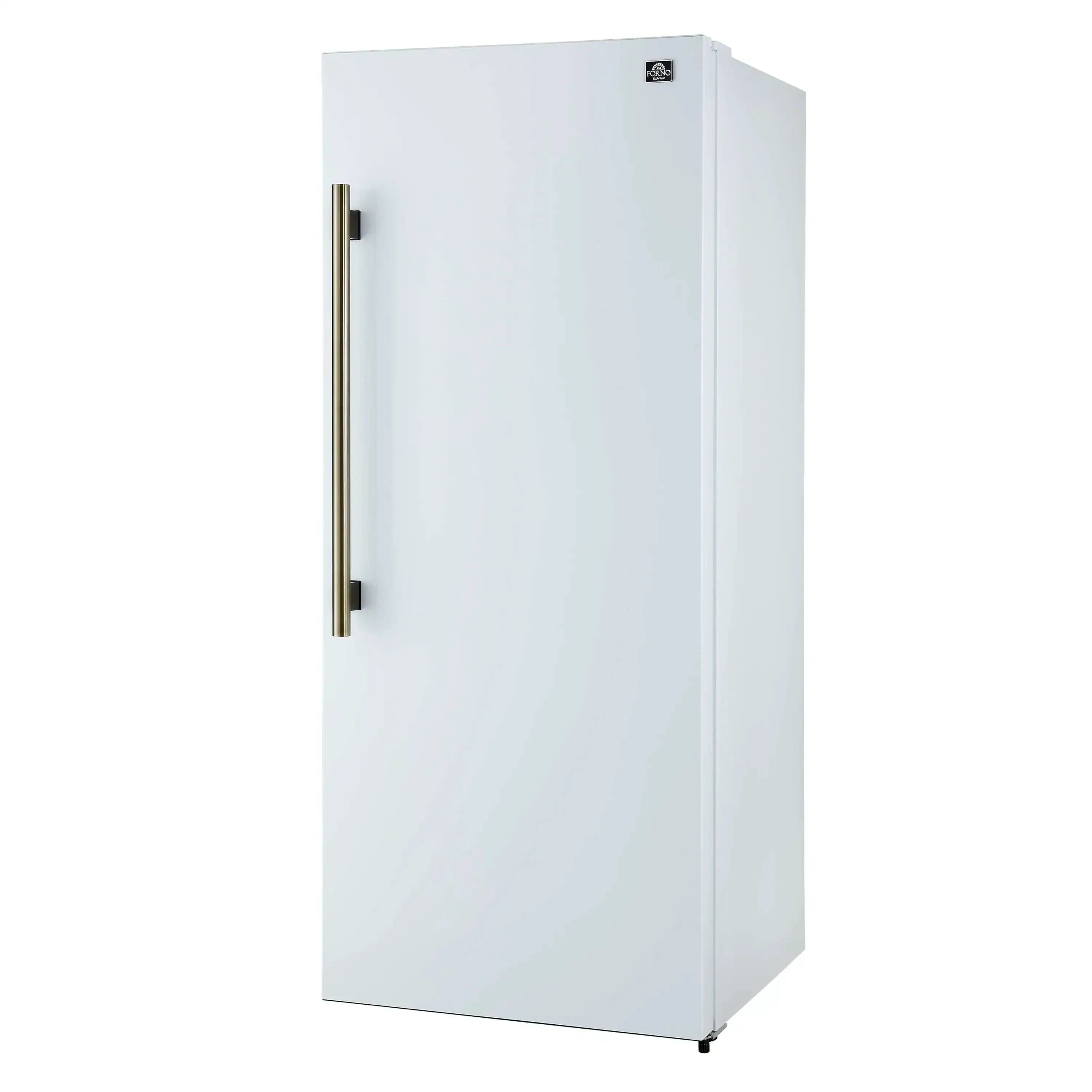 White refrigerator with vertical antique brass handle and top control badge