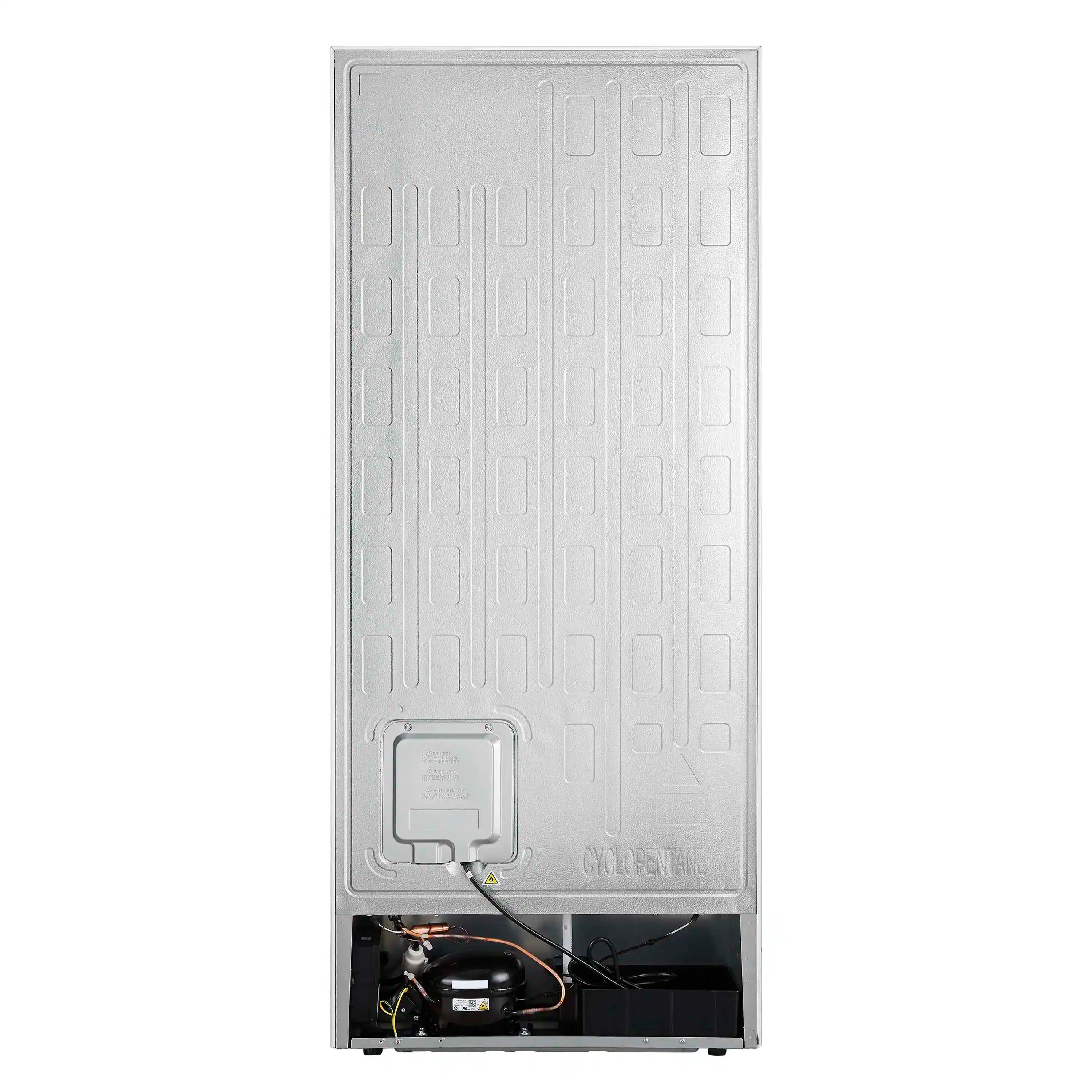 White refrigerator rear service area with molded panel and visible internal wiring
