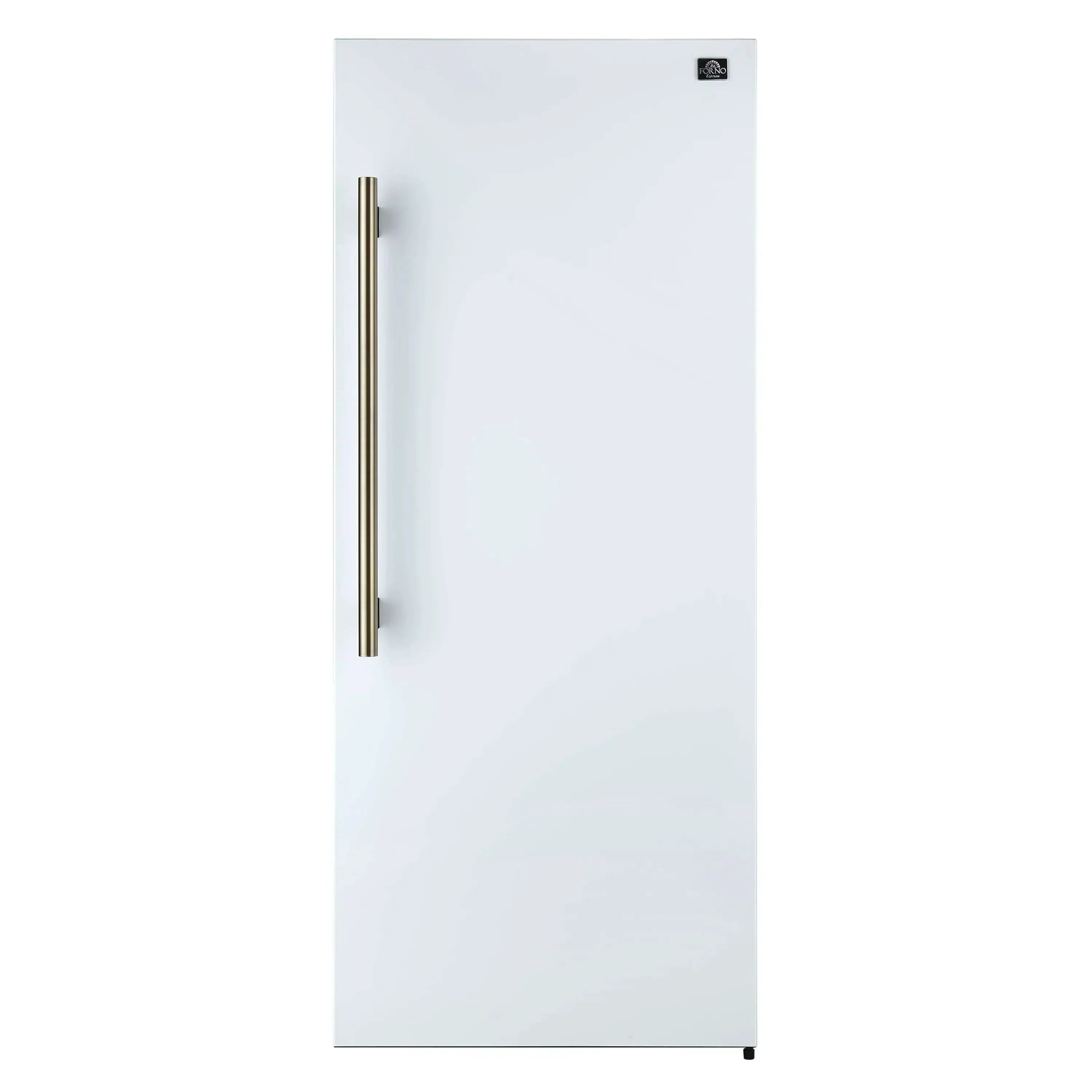 White refrigerator front view with vertical antique brass handle