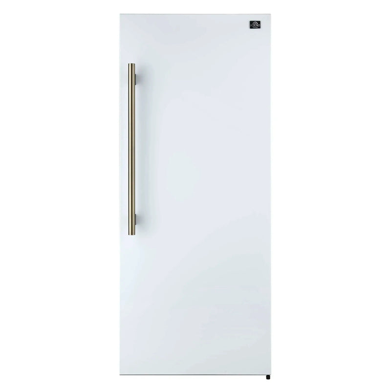 Forno 4-Piece Appliance Package - 36-Inch Antico Dual Fuel Range, 60-Inch Refrigerator, Dishwasher, & 30-Inch Microwave Oven in White with Antique Brass Handle