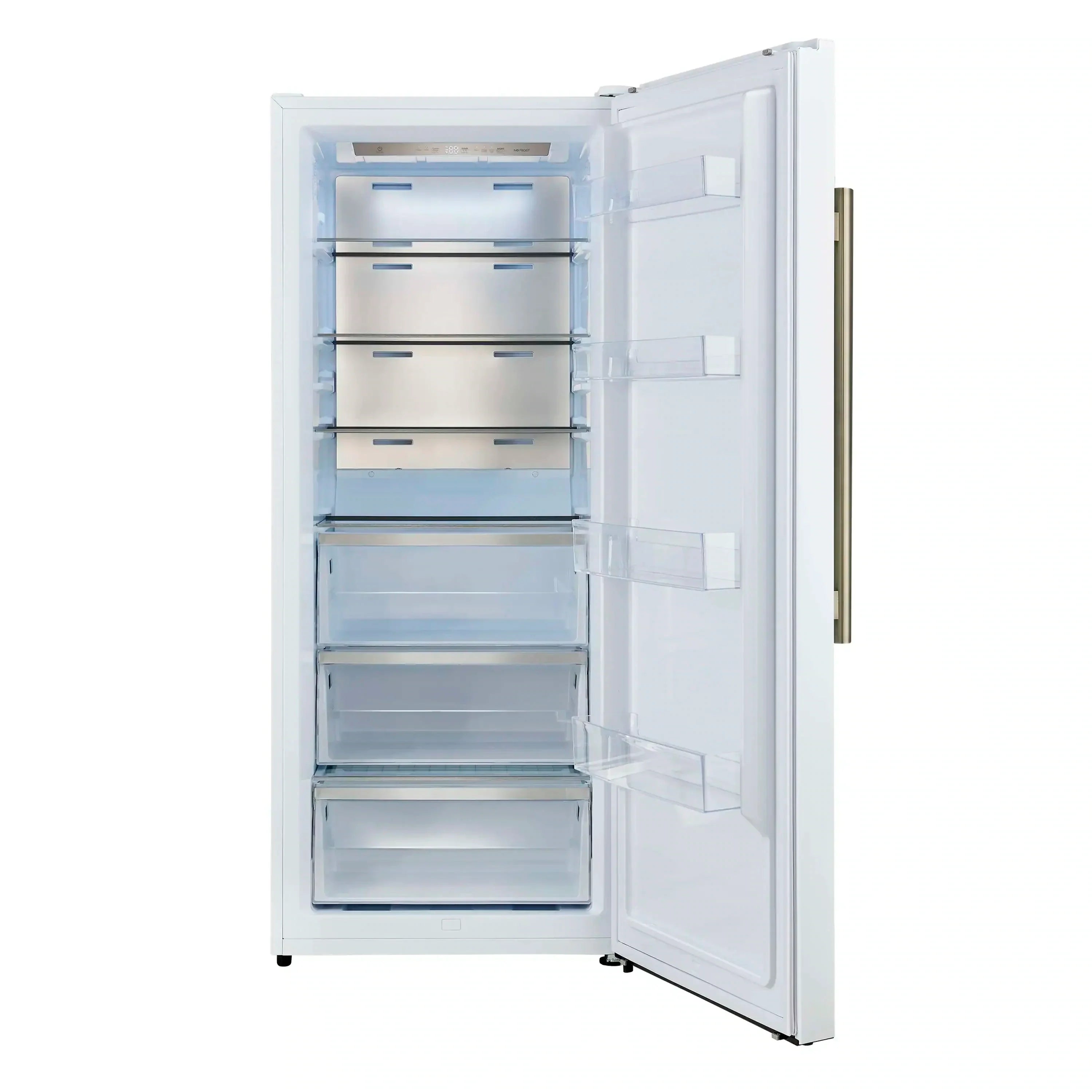 White refrigerator with open door and adjustable glass shelves, antique brass handle.