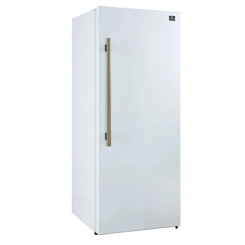 Forno 4-Piece Appliance Package - 36-Inch Antico Dual Fuel Range, 60-Inch Refrigerator, Dishwasher, & 30-Inch Microwave Oven in White with Antique Brass Handle