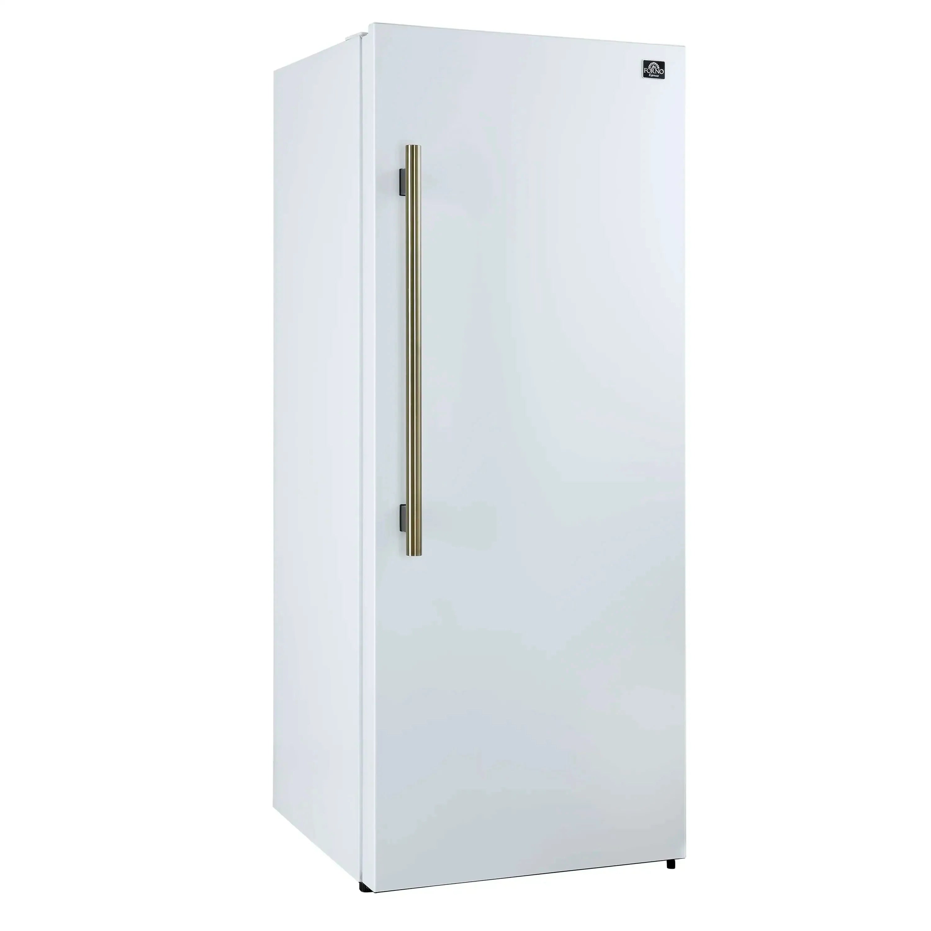White refrigerator with vertical antique brass handle on left side