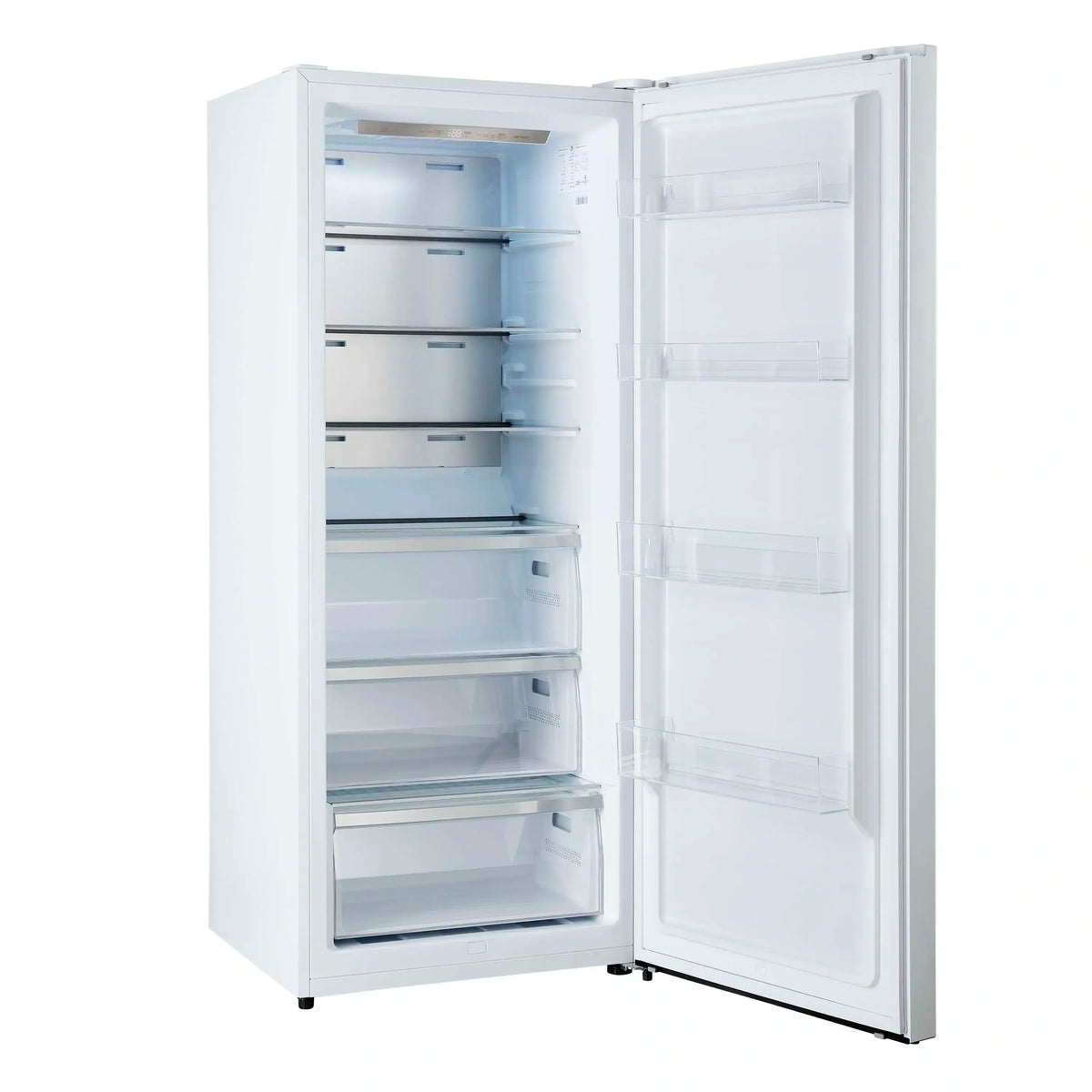 Built-in refrigerator/freezer with doors open showing shelves and freezer drawers