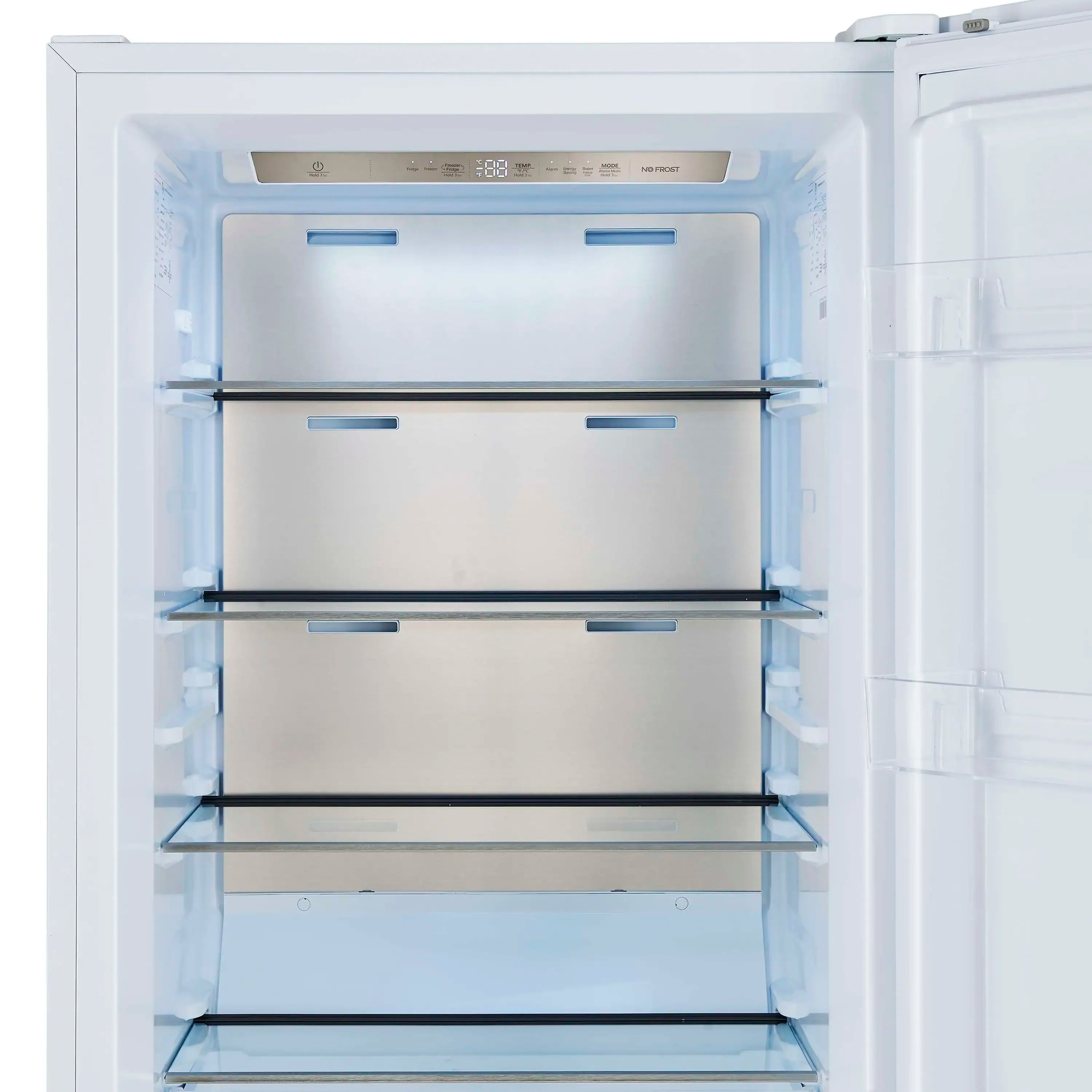 White refrigerator with open door showing multiple glass shelves and interior drawers.