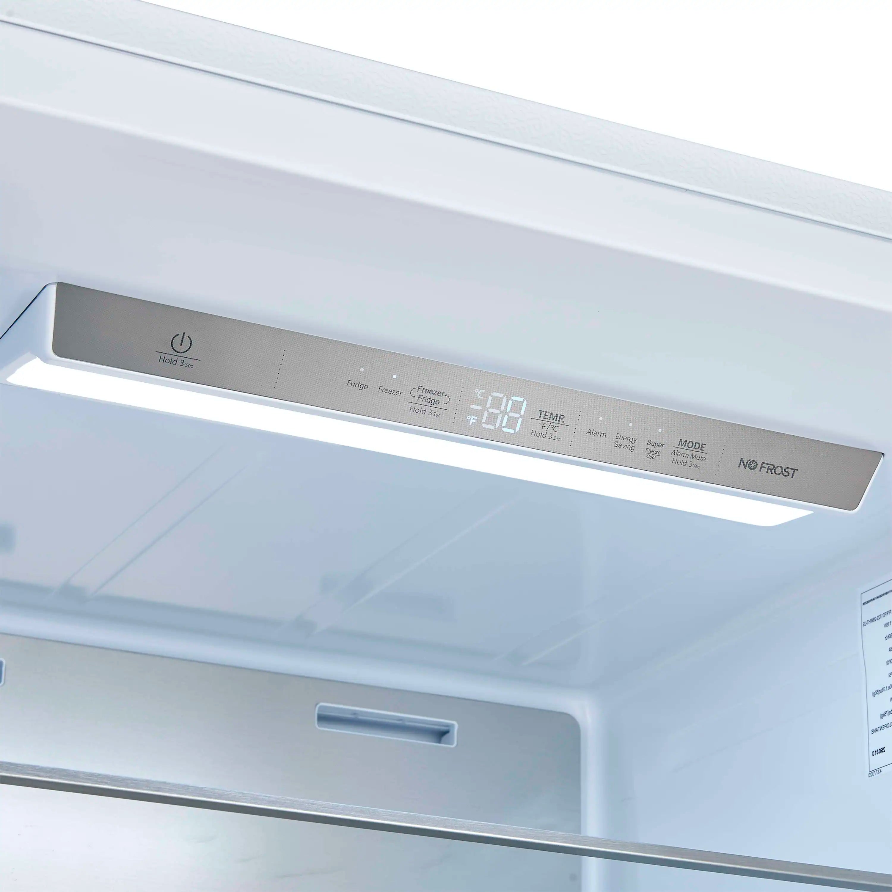 White refrigerator control panel with digital display and No Frost setting labels.