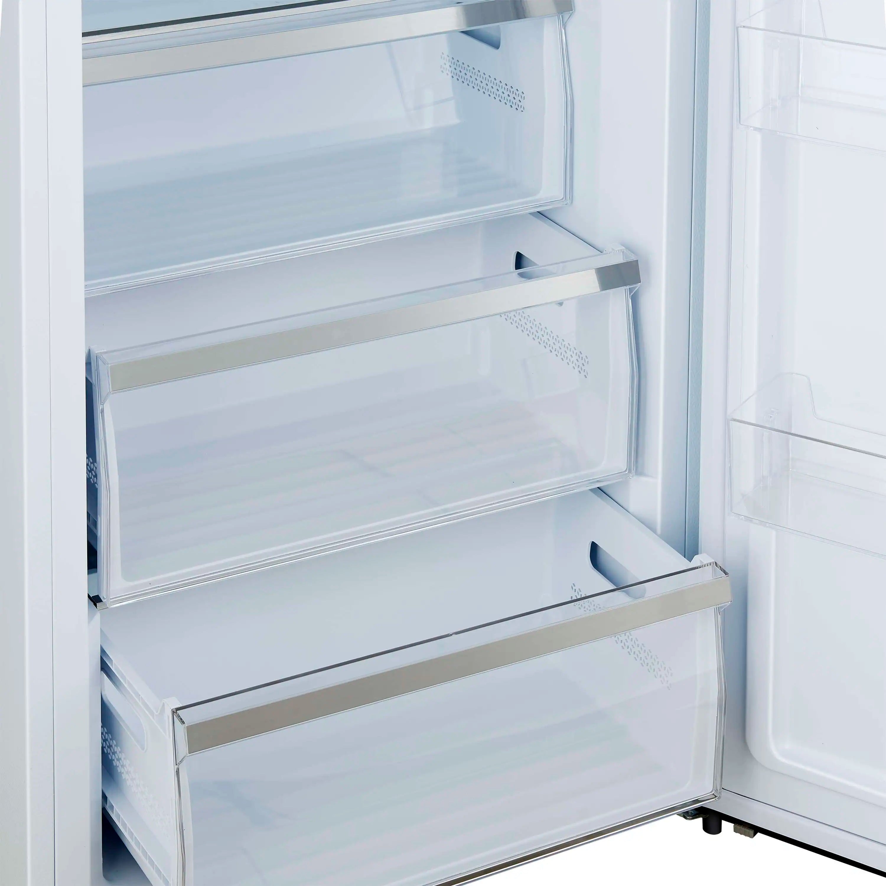 White refrigerator bottom drawers and glass shelf with transparent crisper bins.