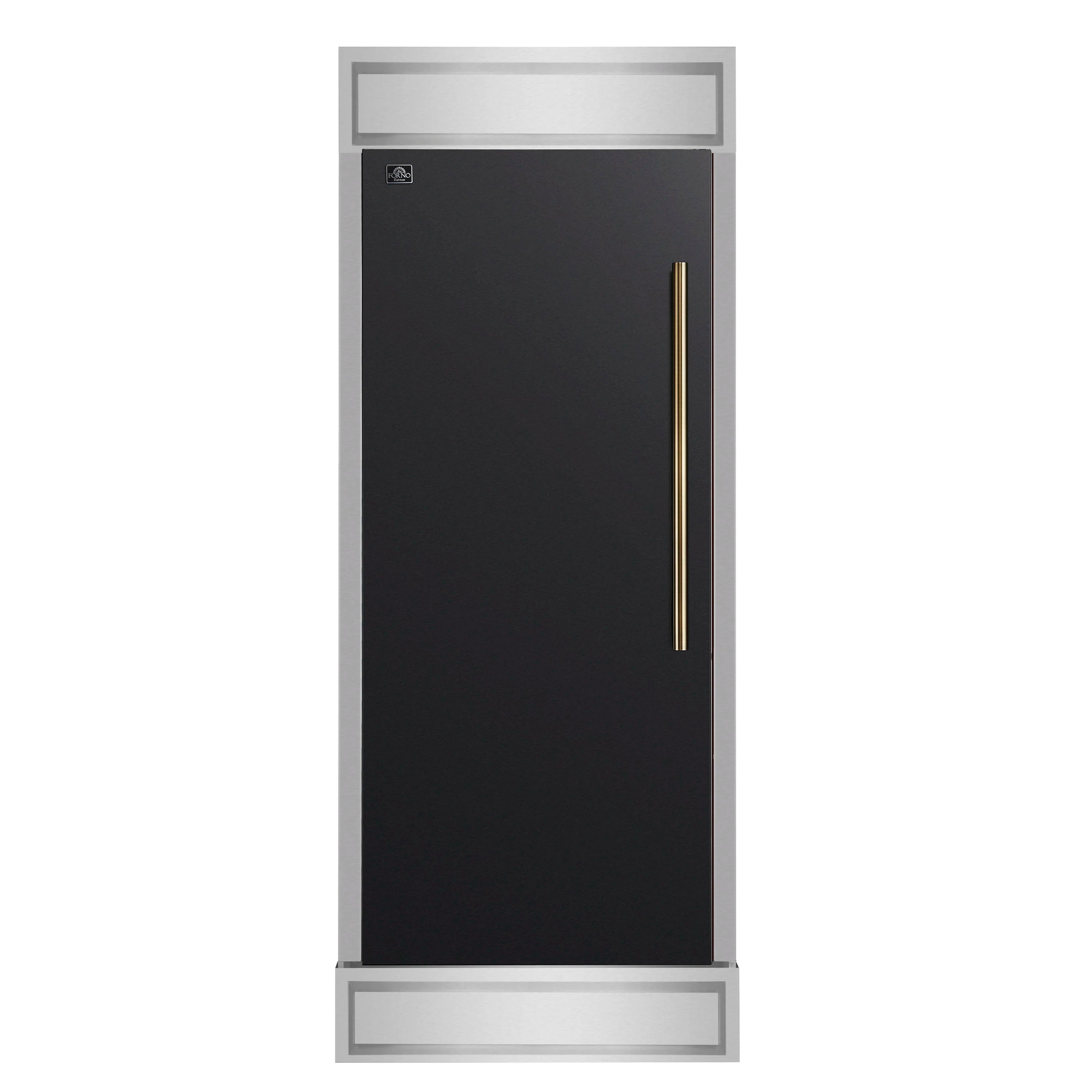 Built-in convertible refrigerator with black door and vertical antique brass handle, built-in frame