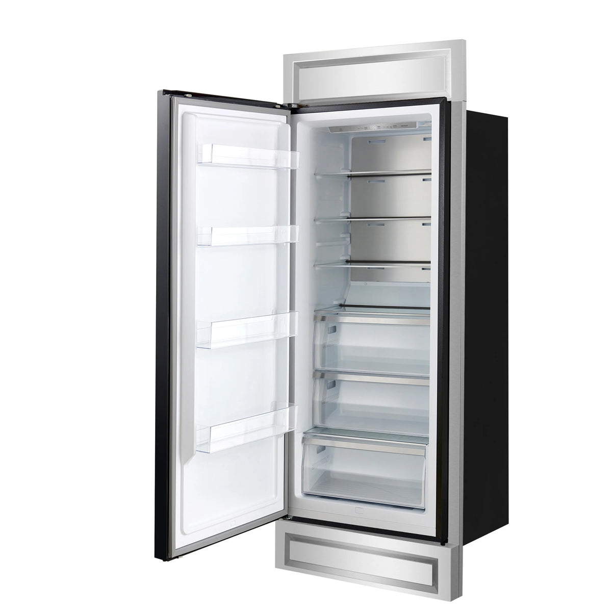 Built-in convertible refrigerator with open door showing drawers and shelves, black finish