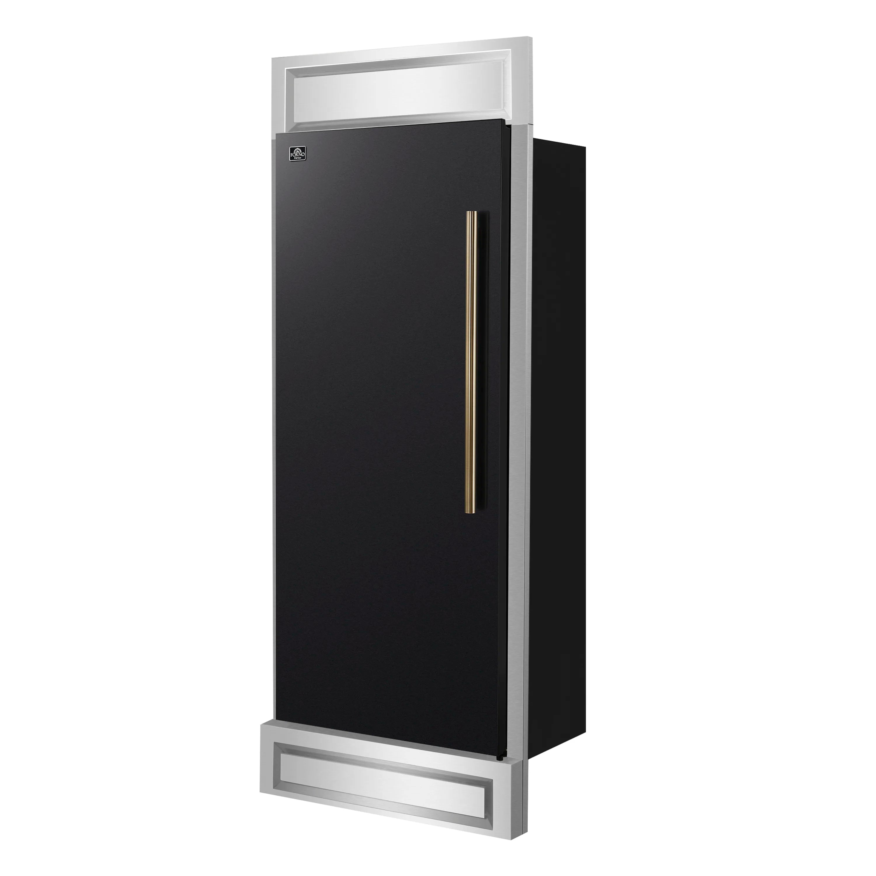 Built-in convertible refrigerator, black door with vertical antique brass handle