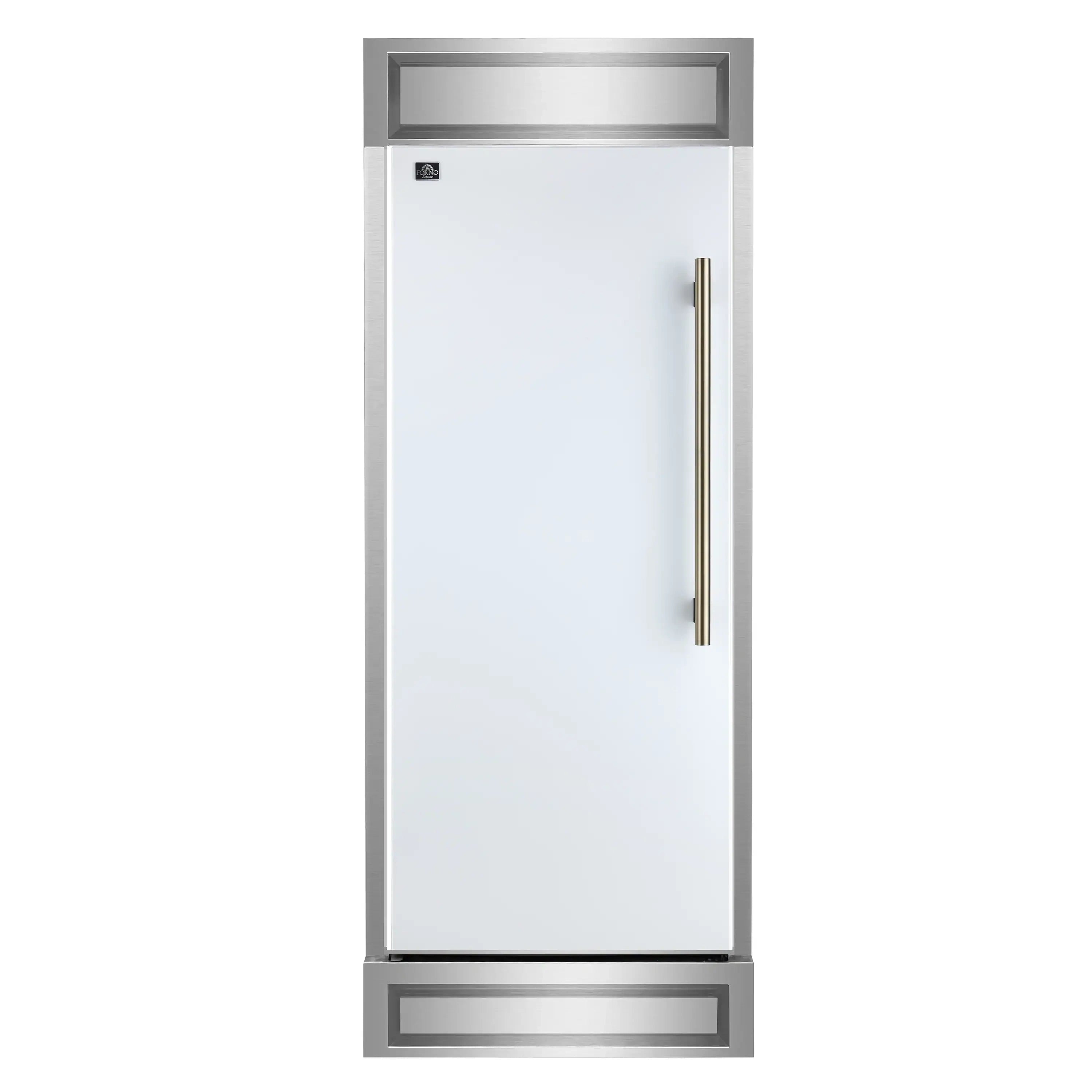 White built-in refrigerator exterior with antique brass handle, top trim and bottom grille