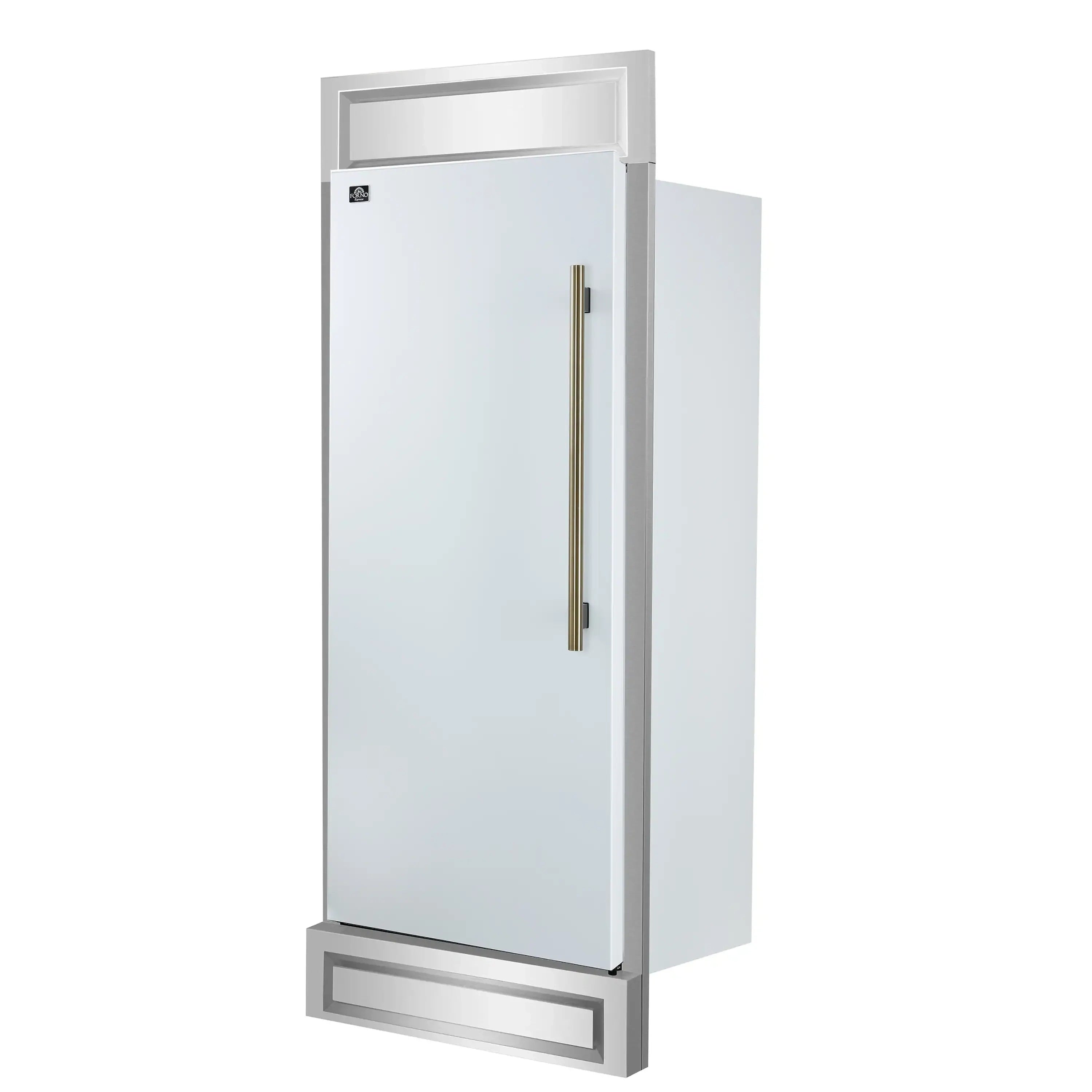 White built-in refrigerator with antique brass vertical handle and lower grille panel