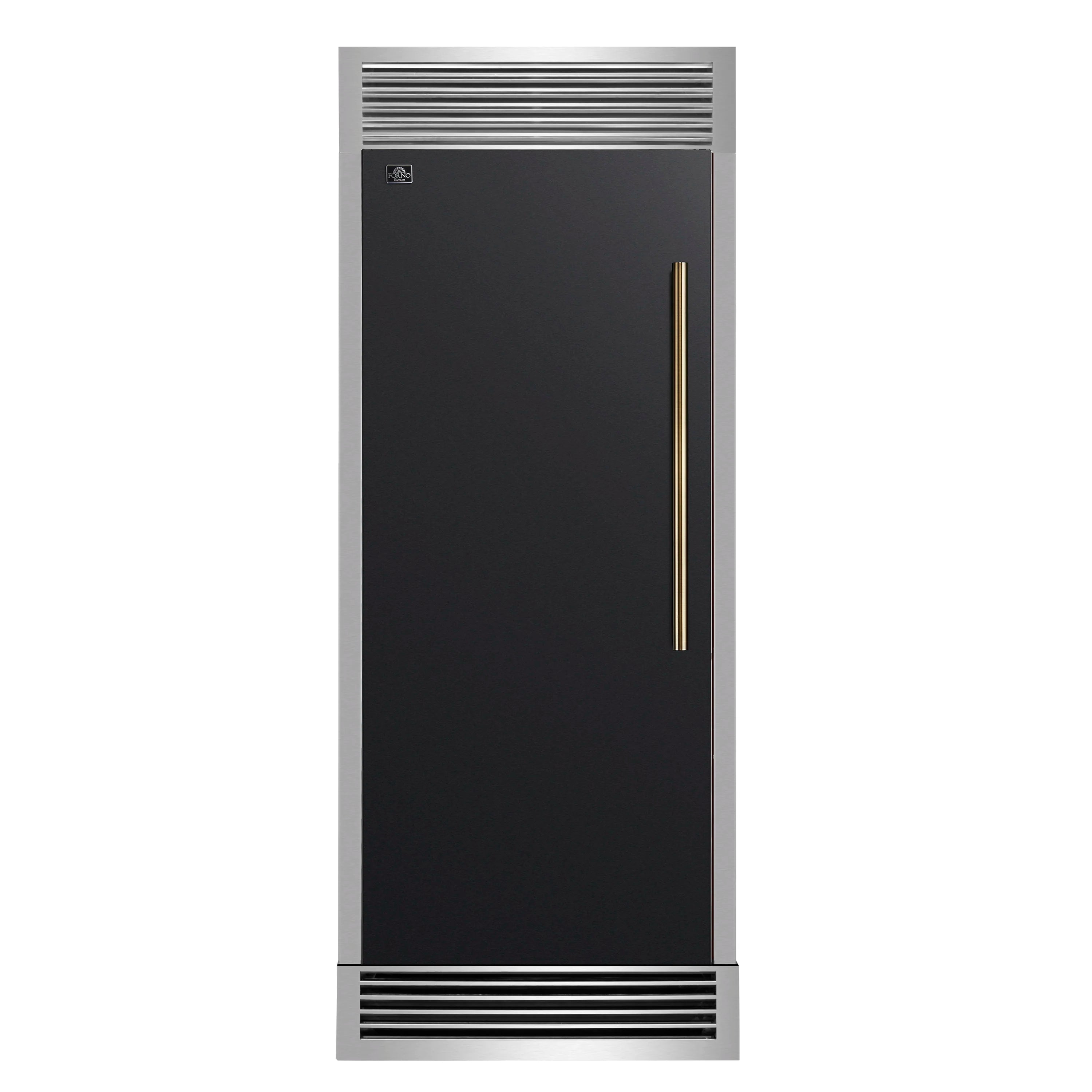 Black built-in convertible refrigerator front with brass handle and top vent grille