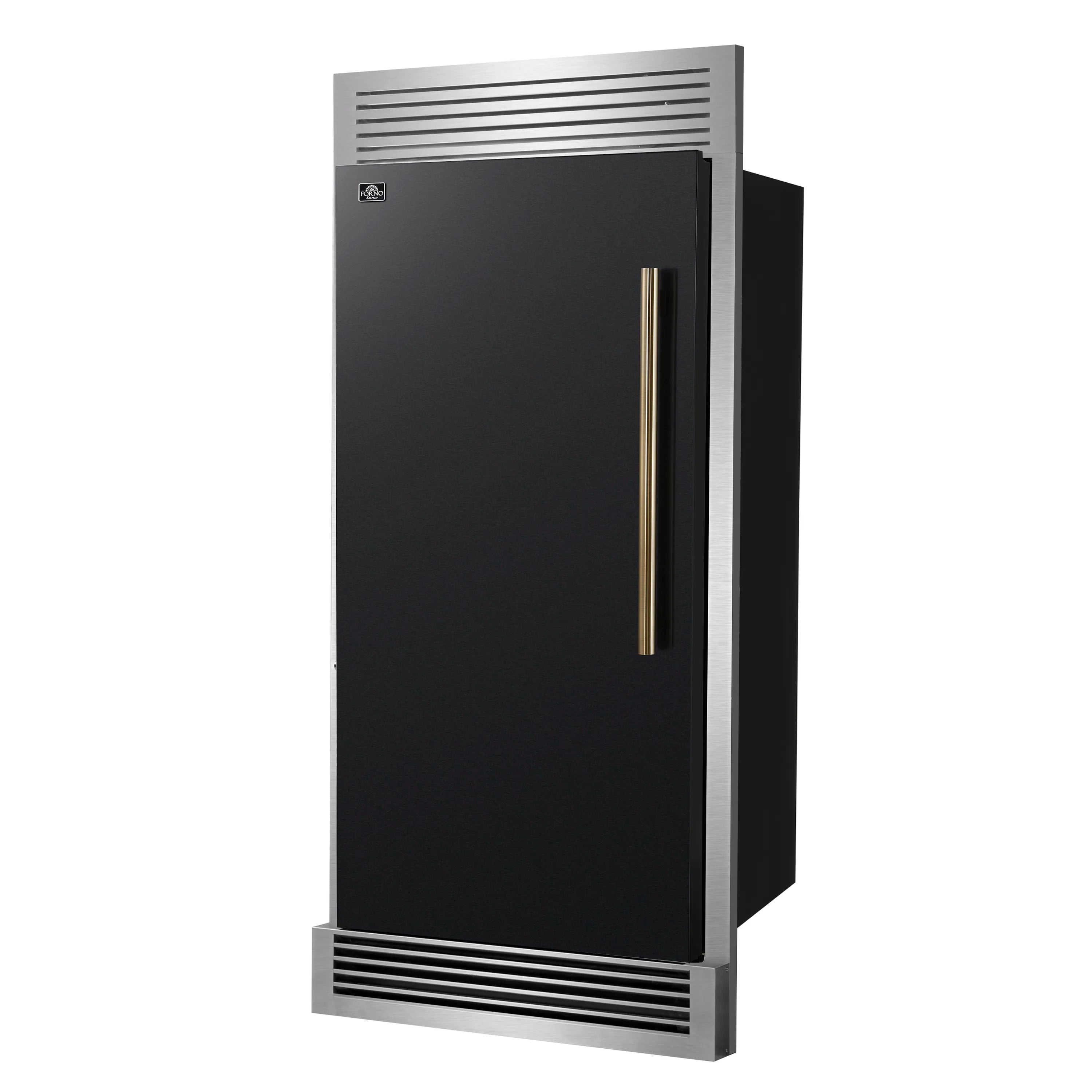 Black built-in convertible refrigerator door with brass vertical handle and trim grille