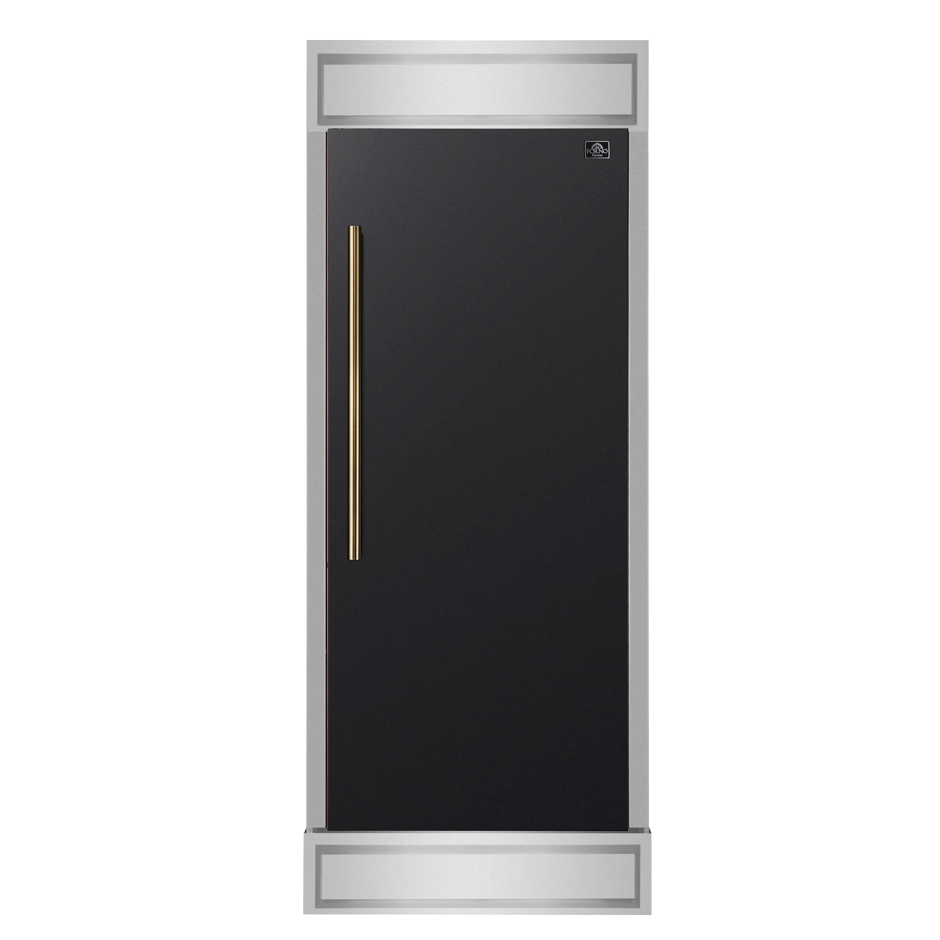 Built-in convertible refrigerator in dark finish with antique brass vertical handle