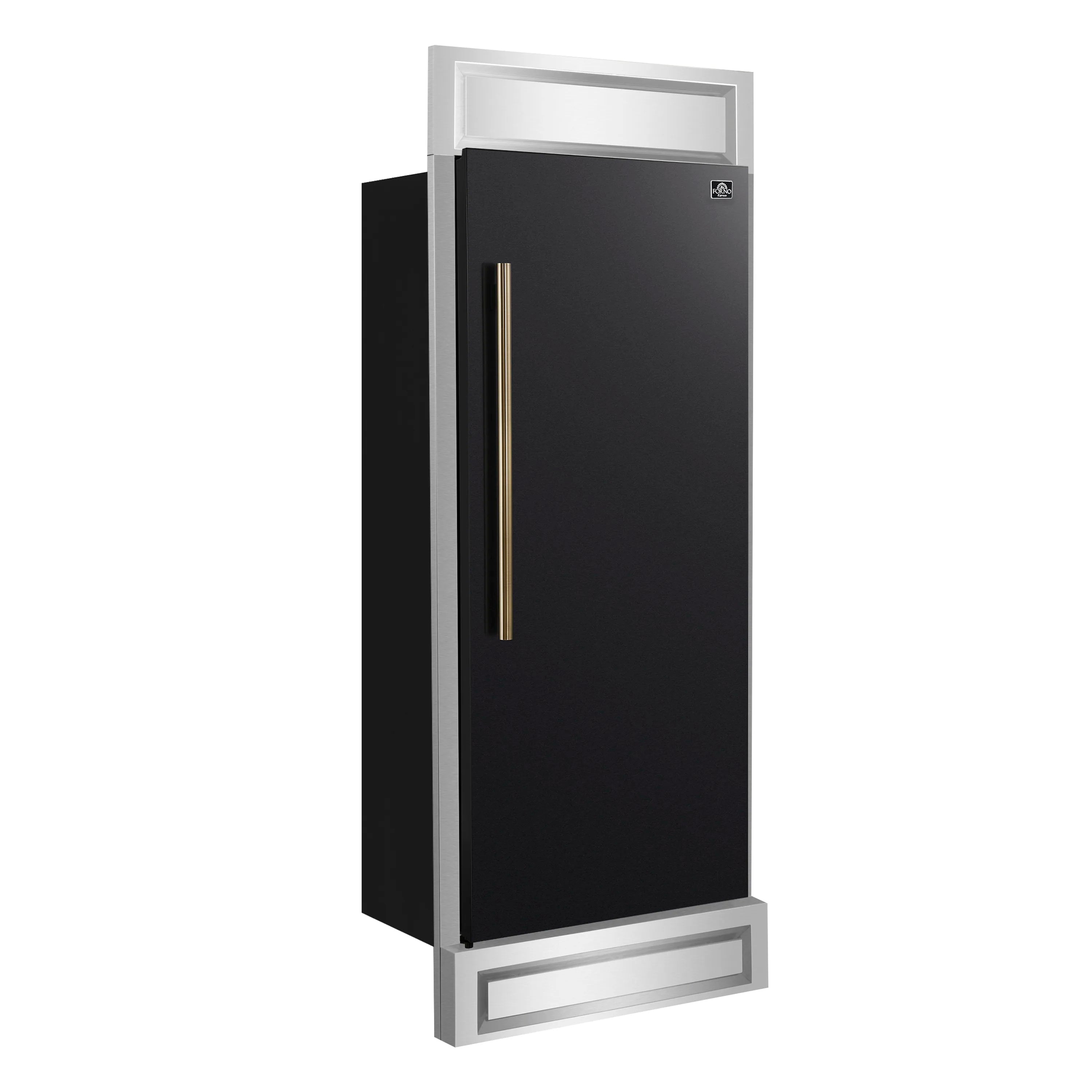 Built-in convertible refrigerator in dark finish, antique brass vertical handle, decorative grille