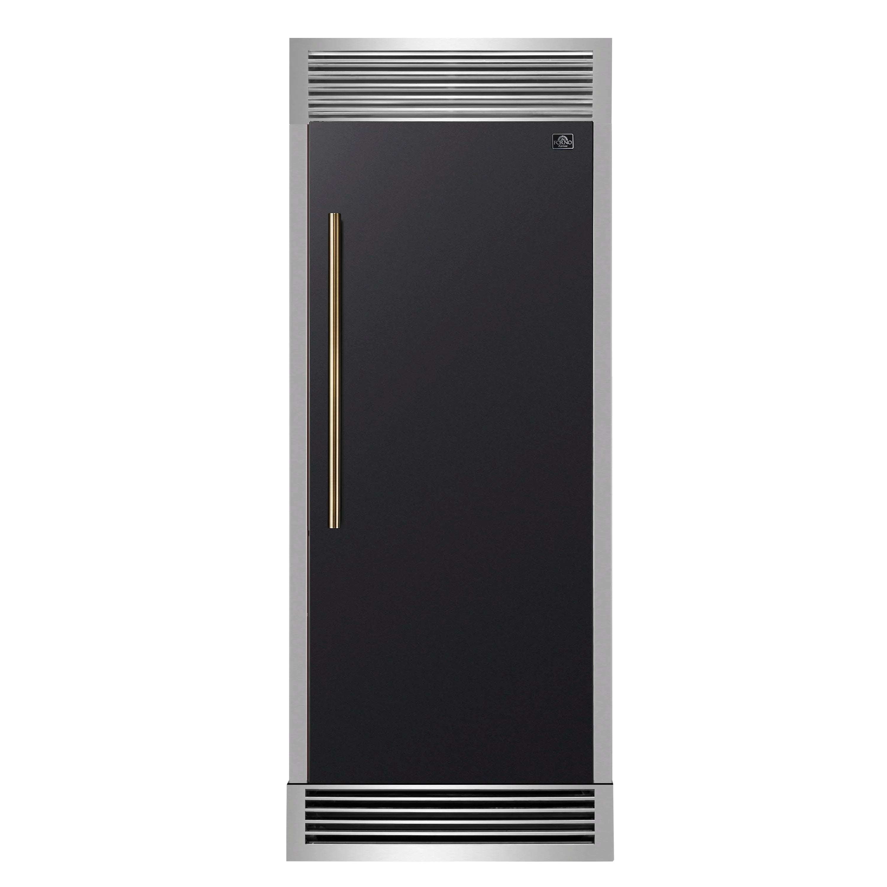 Built-in convertible refrigerator door in black with decorative grille and brass handle
