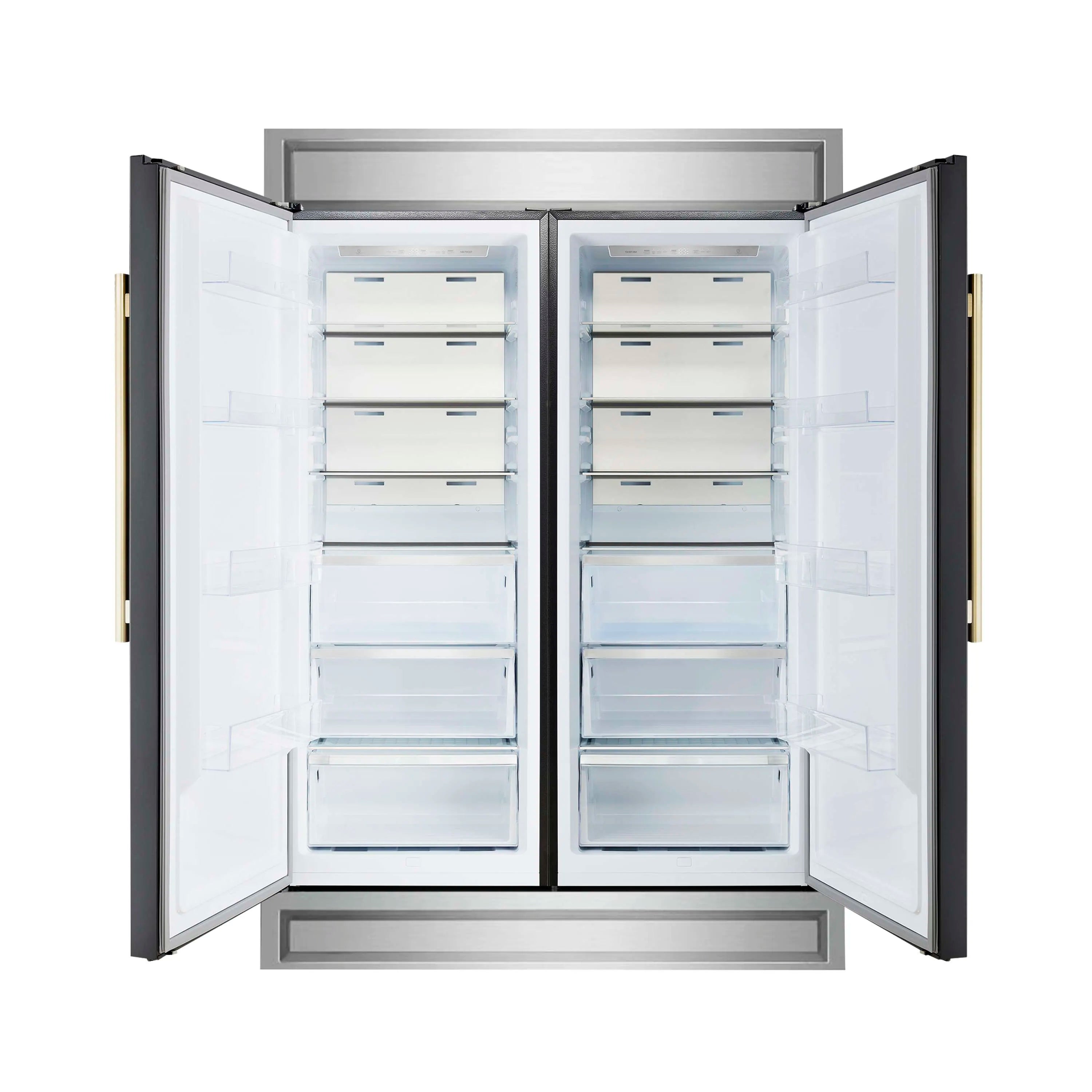 Forno 60-in built-in refrigerator with open doors and white interior shelves