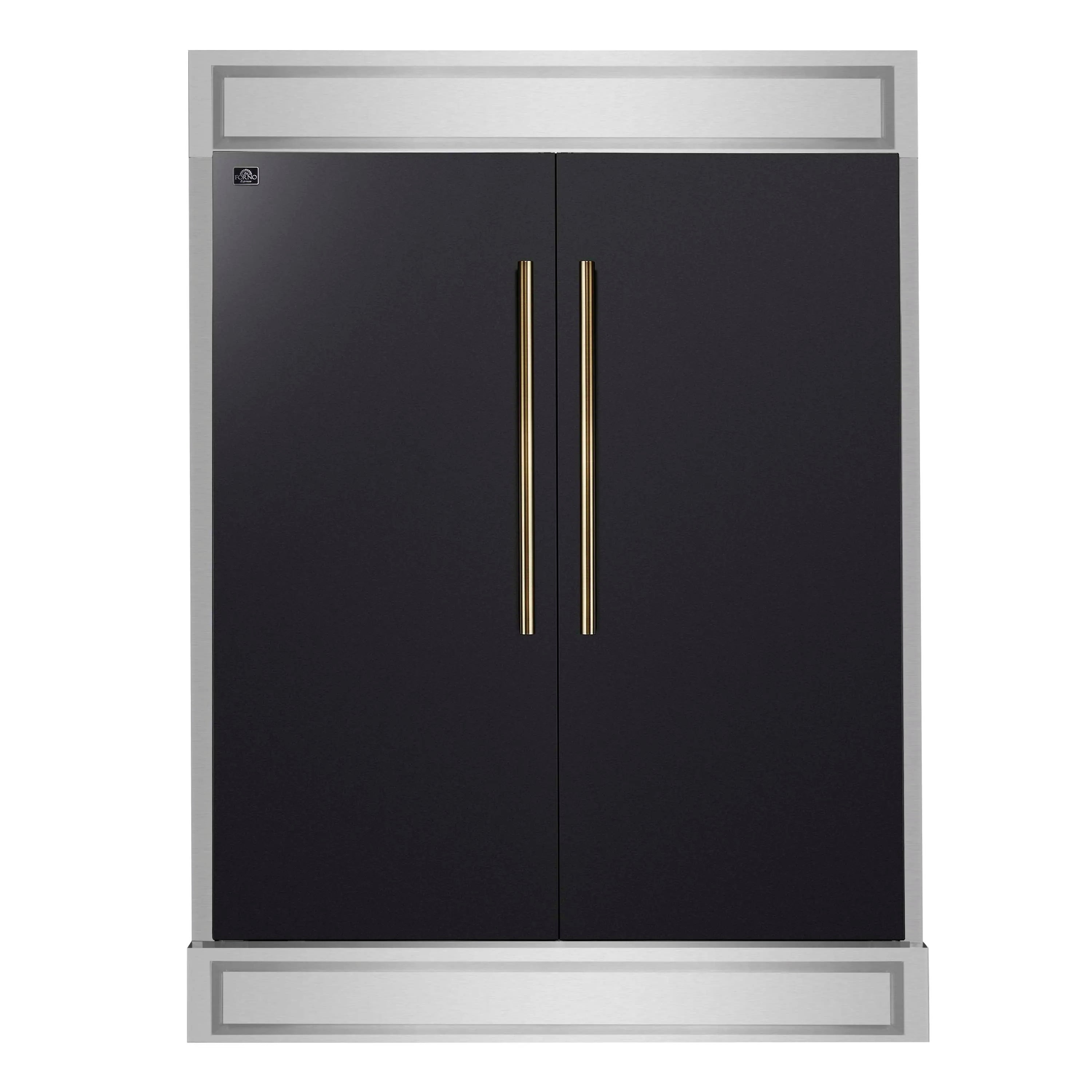 Built-in convertible refrigerator doors in black with antique brass bar handles