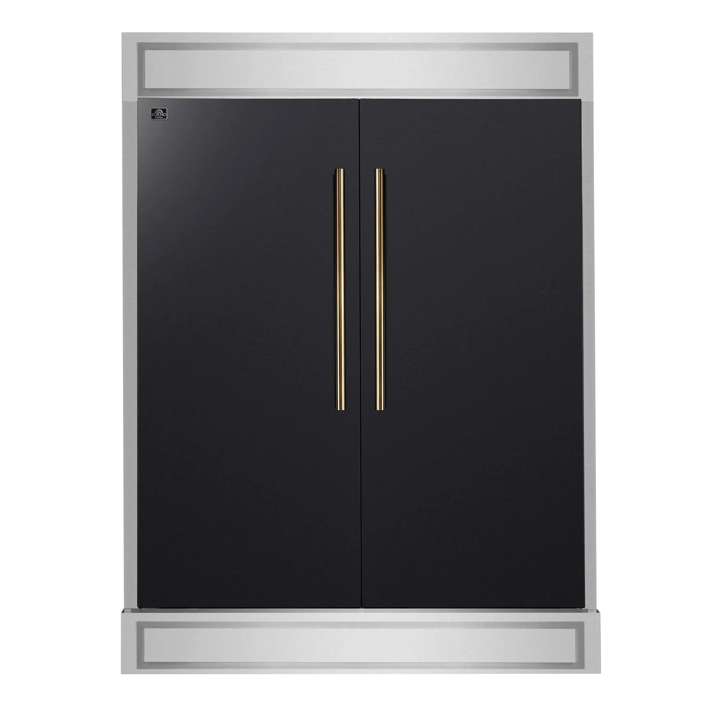 Black refrigerator doors with two long antique brass vertical handles
