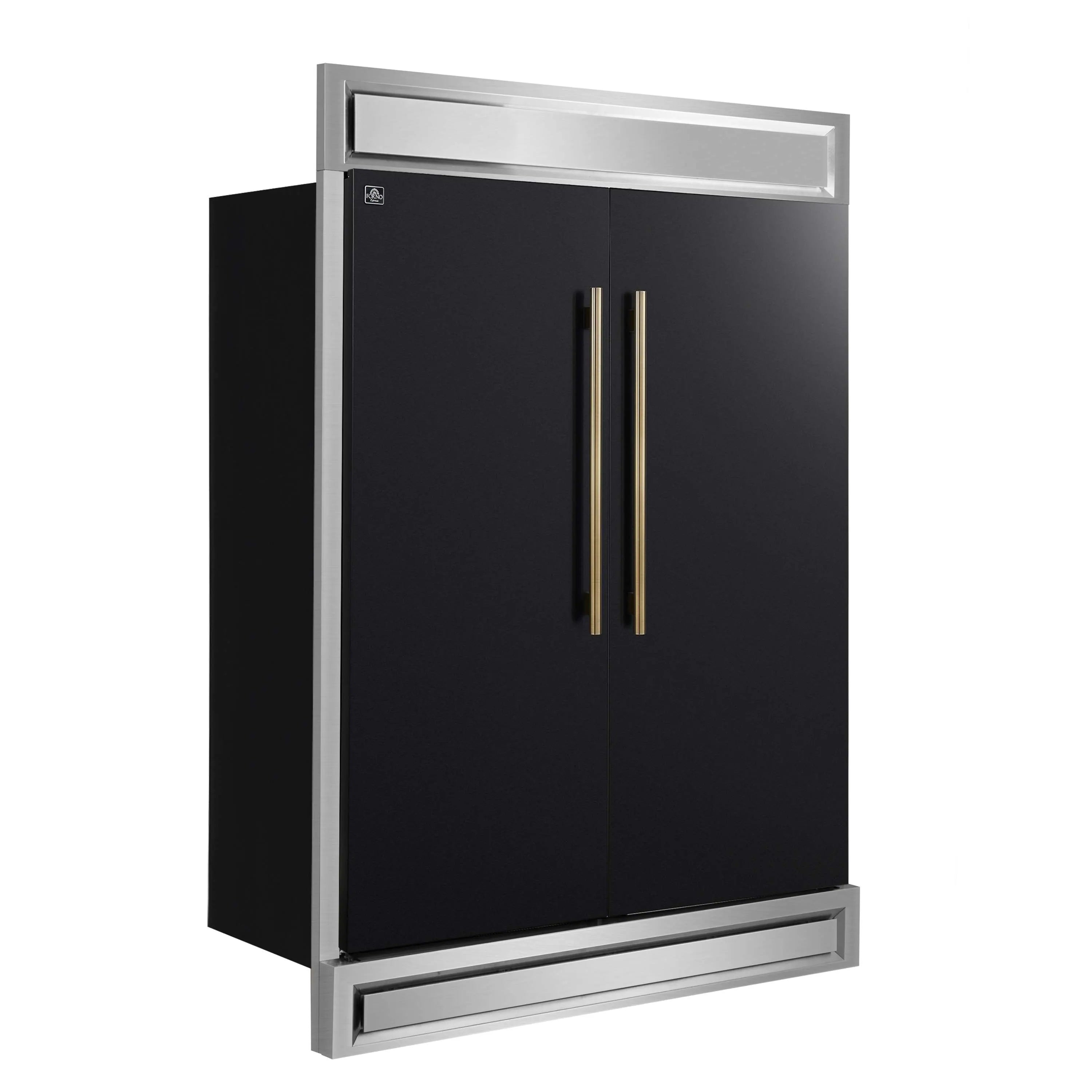 Black built-in refrigerator with modern trim and tall antique brass handles