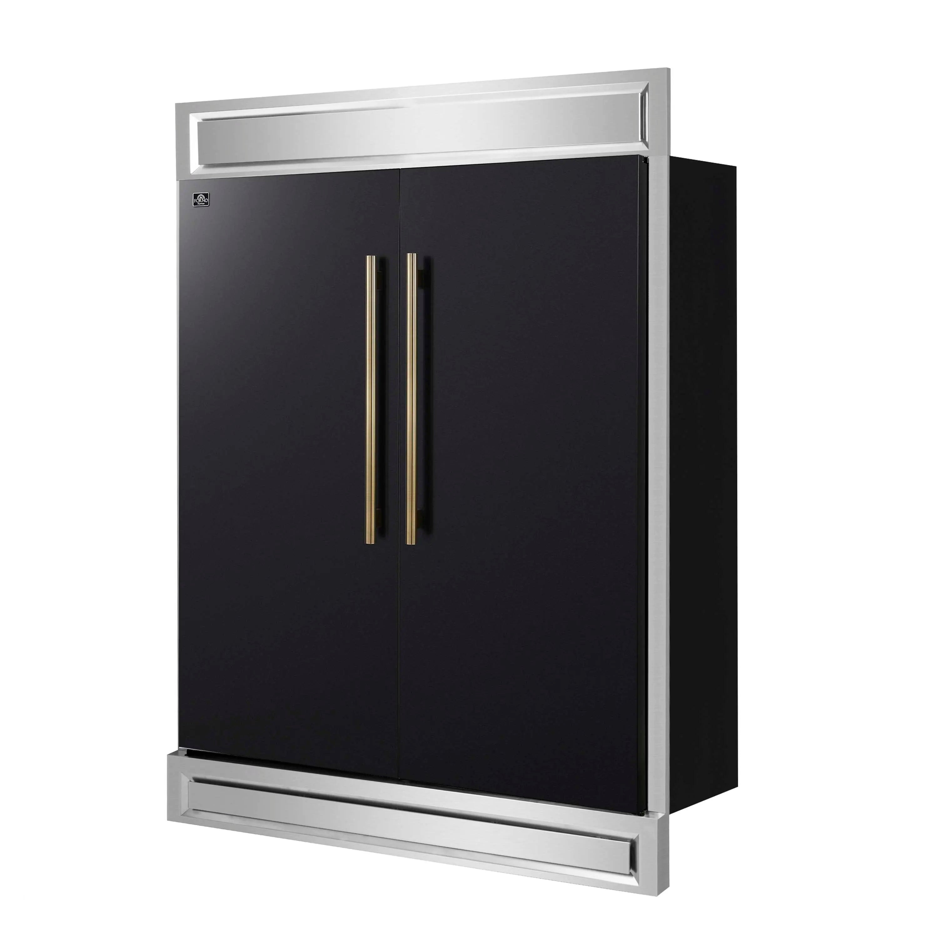 Black refrigerator with brass vertical handles and side frame view