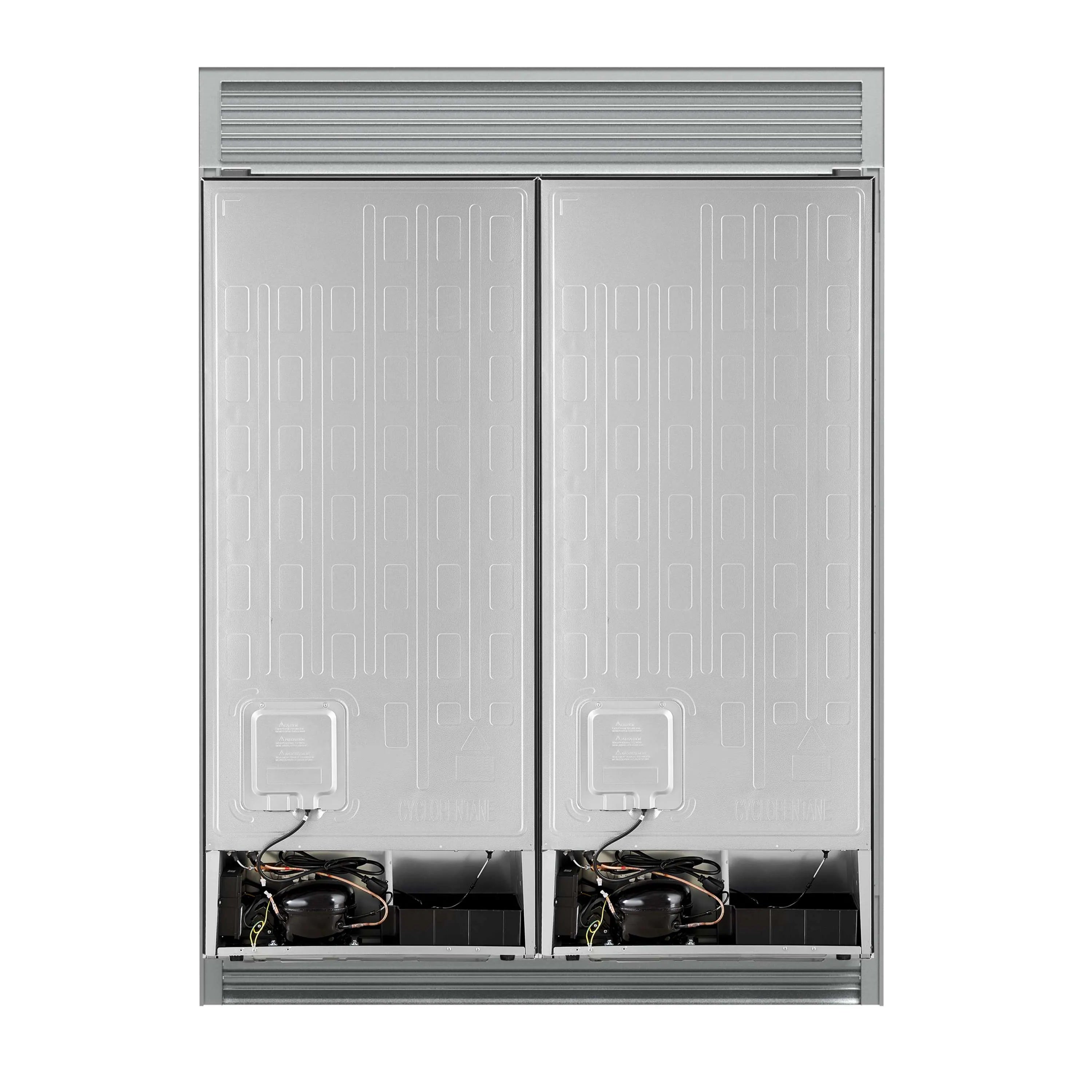 Refrigerator back panel with vents and two internal fan housings inside