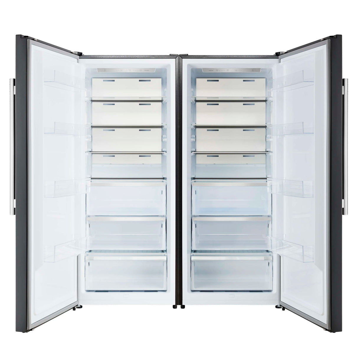 Black refrigerator interior with open double doors and multiple glass shelves