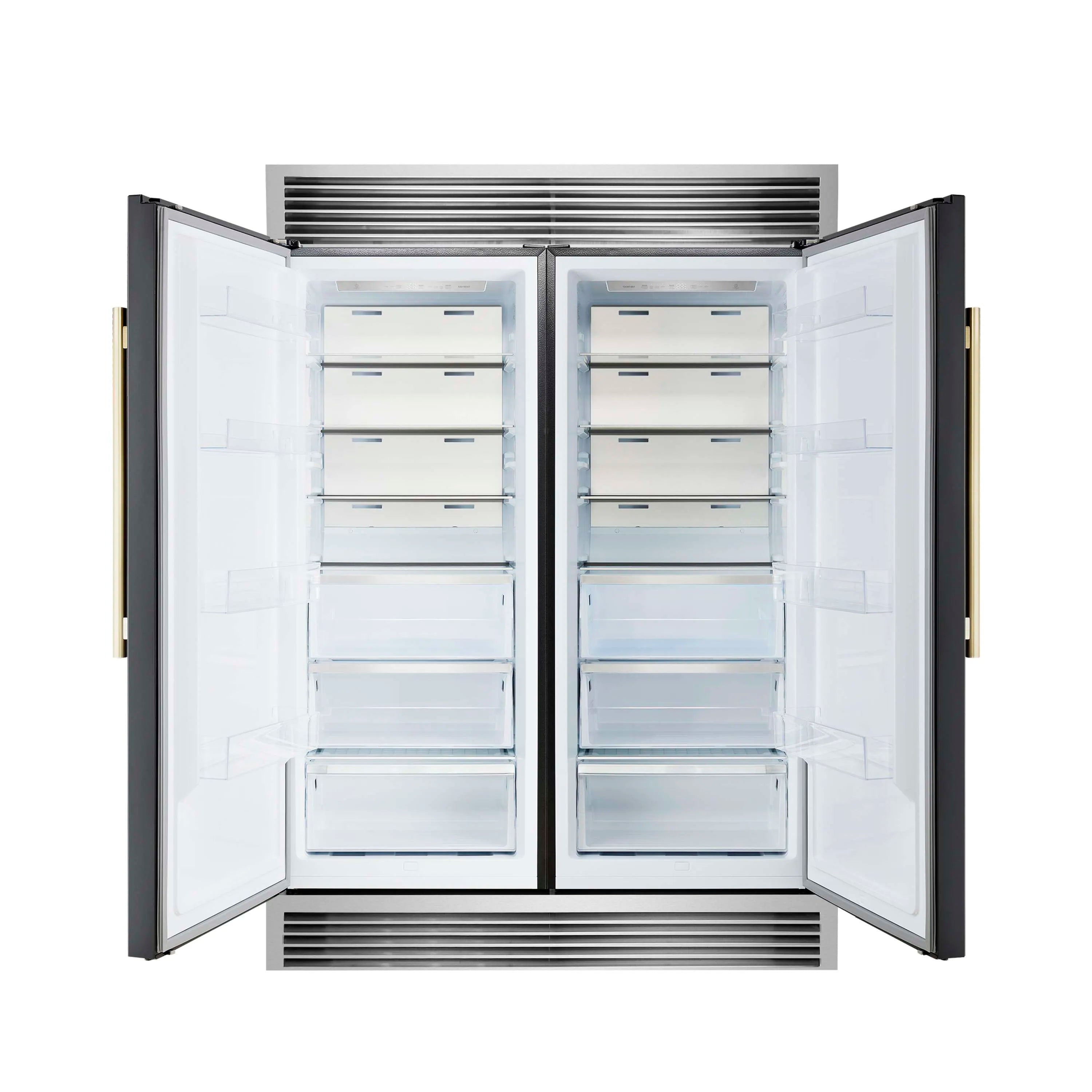 Refrigerator with doors open and white interior shelving with drawers and bins