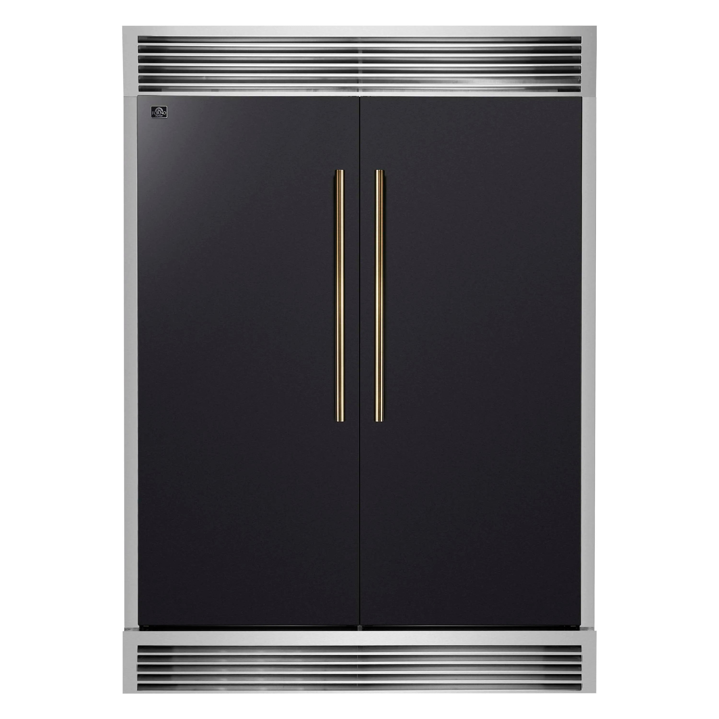 Built-in convertible refrigerator/freezer exterior in black with modern grille and brass handles