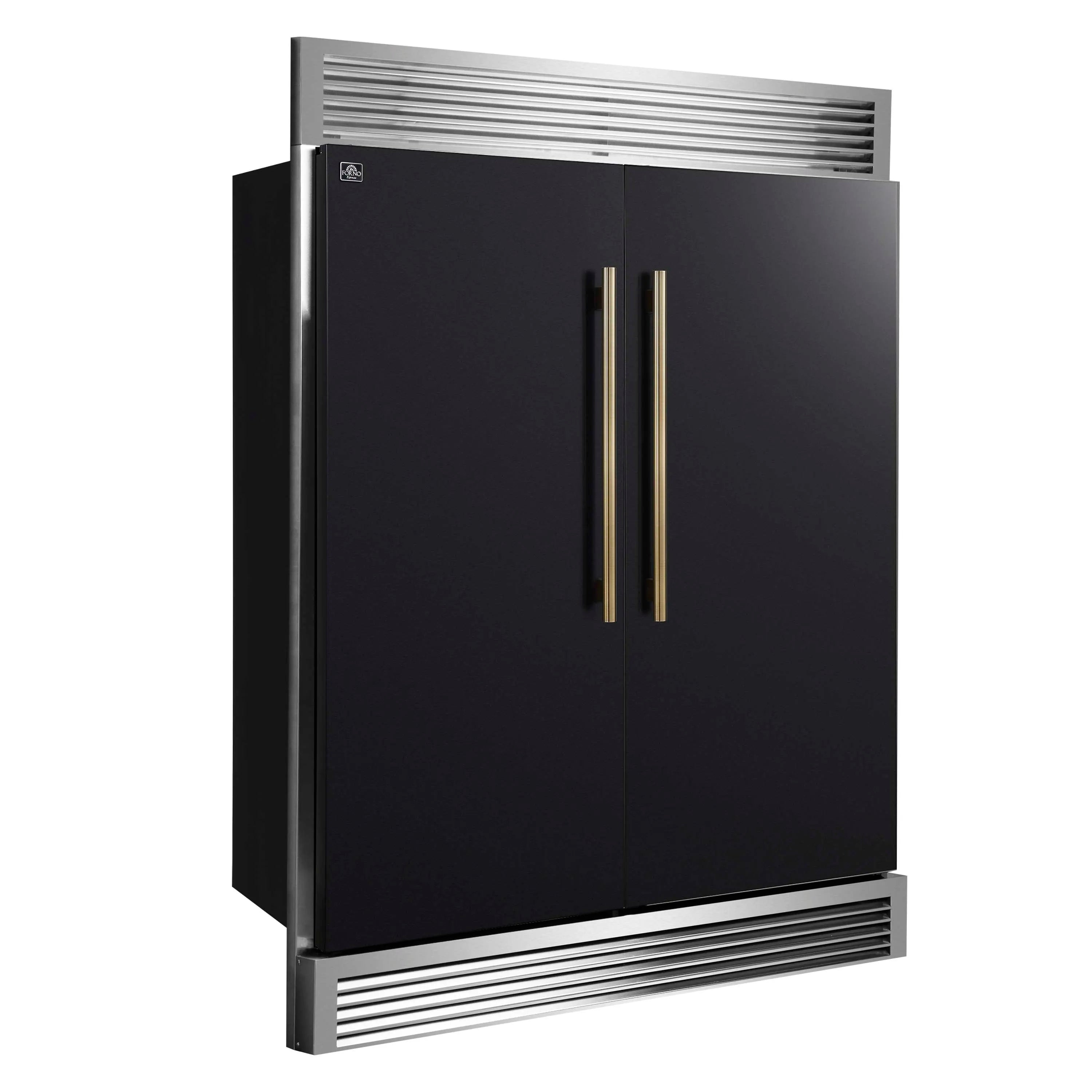 Built-in convertible refrigerator and freezer in black with antique brass bar handles