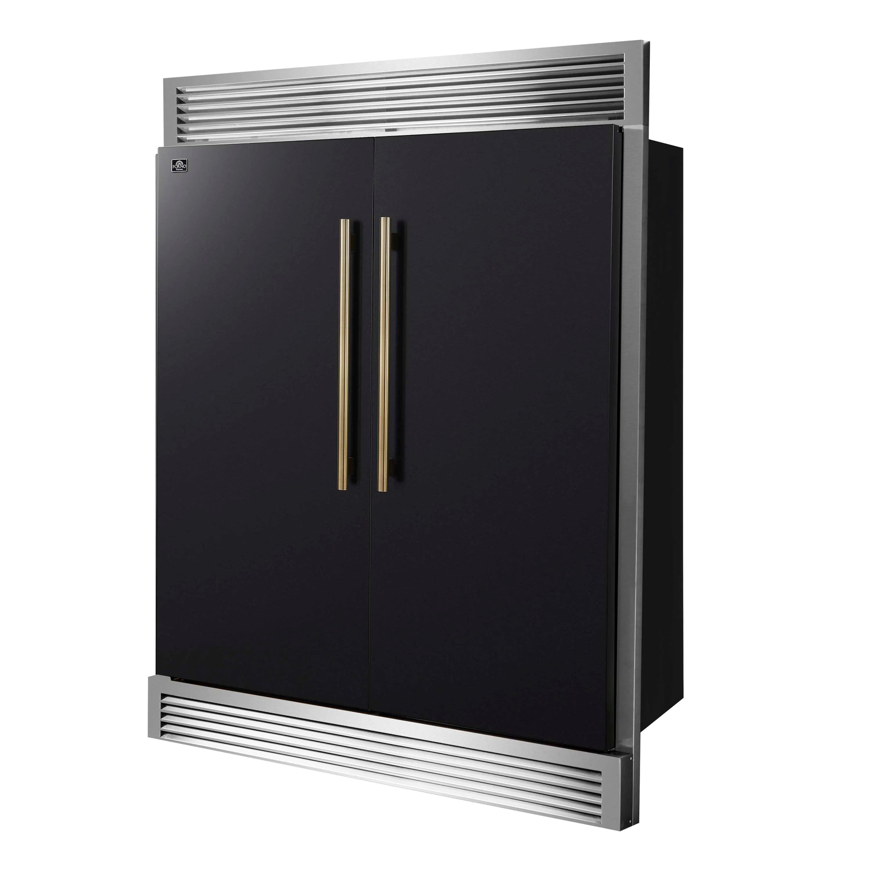 Black refrigerator doors with vertical brass handles and stainless lower grille trim