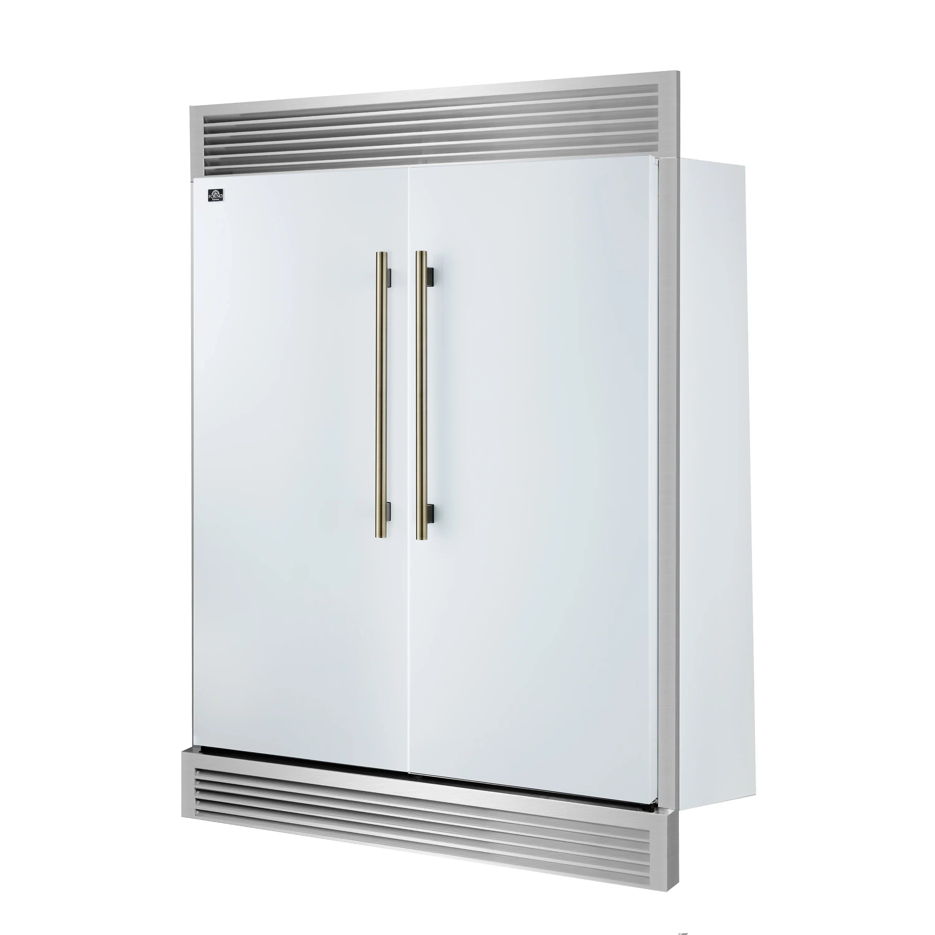 60-inch refrigerator, white exterior with vertical brass handles and bottom grille