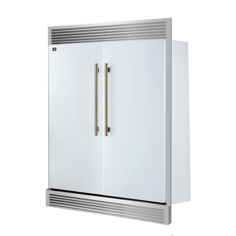 Forno 4-Piece Appliance Package - 36-Inch Antico Dual Fuel Range, 60-Inch Refrigerator, Dishwasher, & 30-Inch Microwave Oven in White with Antique Brass Handle