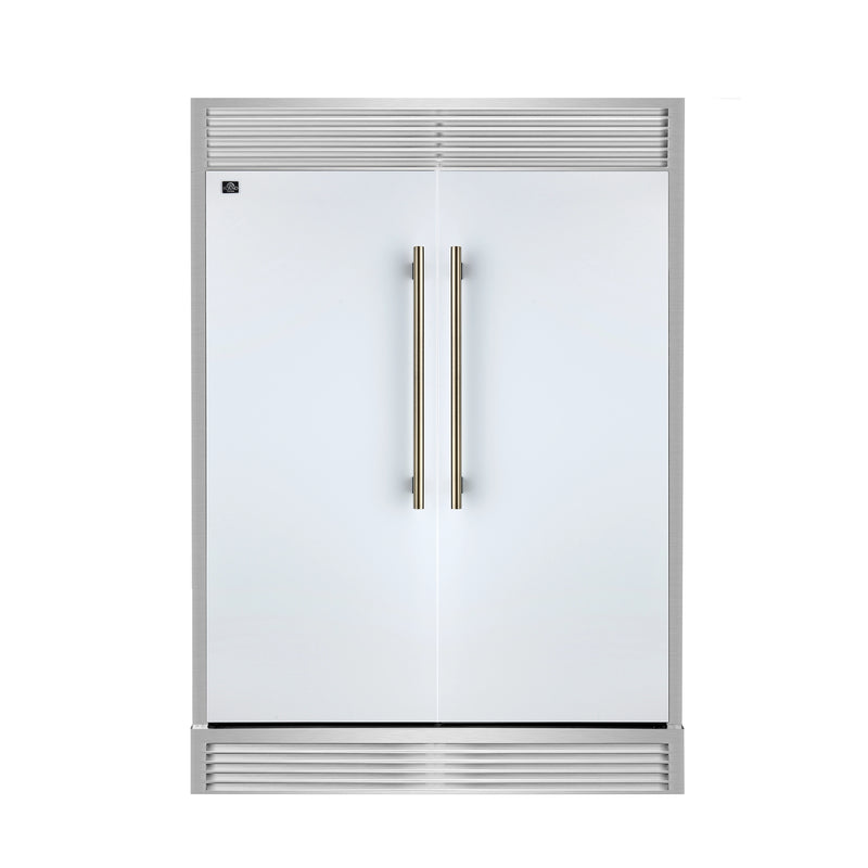 Forno Maderno 60-Inch 27.2 Cu. Ft. Built-In Convertible Refrigerator and Freezer in White with Modern Grille Trim and Antique Brass Handles (FFFFD1722-60SG-WHT)