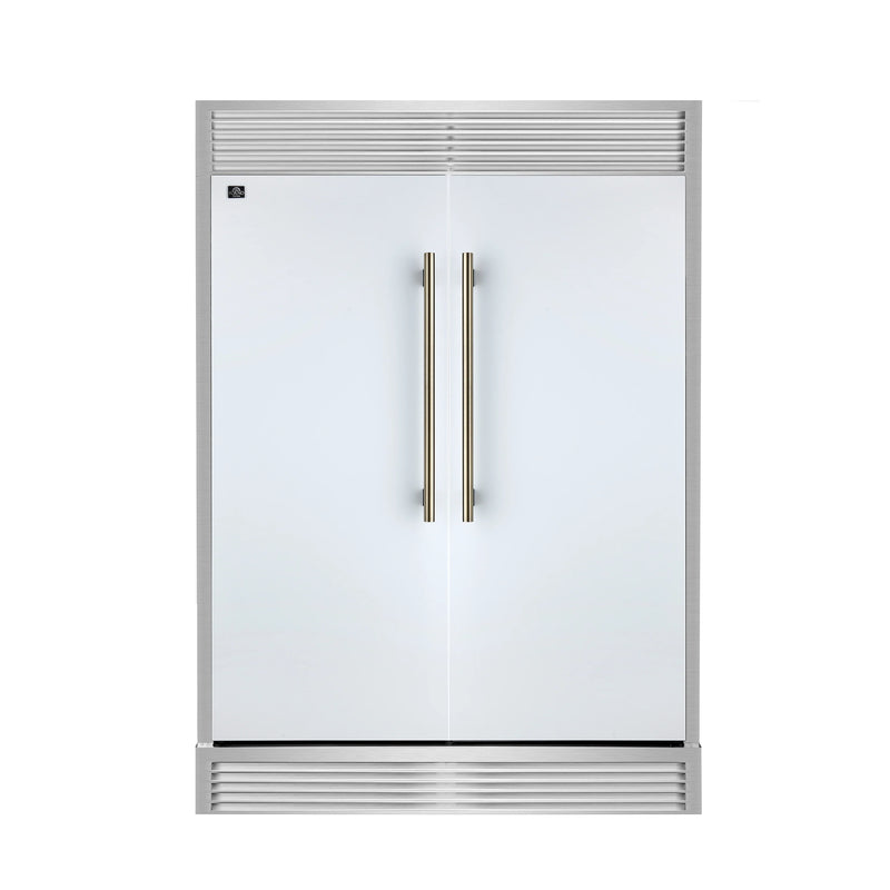 Forno 4-Piece Appliance Package - 36-Inch Antico Dual Fuel Range, 60-Inch Refrigerator, Dishwasher, & 30-Inch Microwave Oven in White with Antique Brass Handle