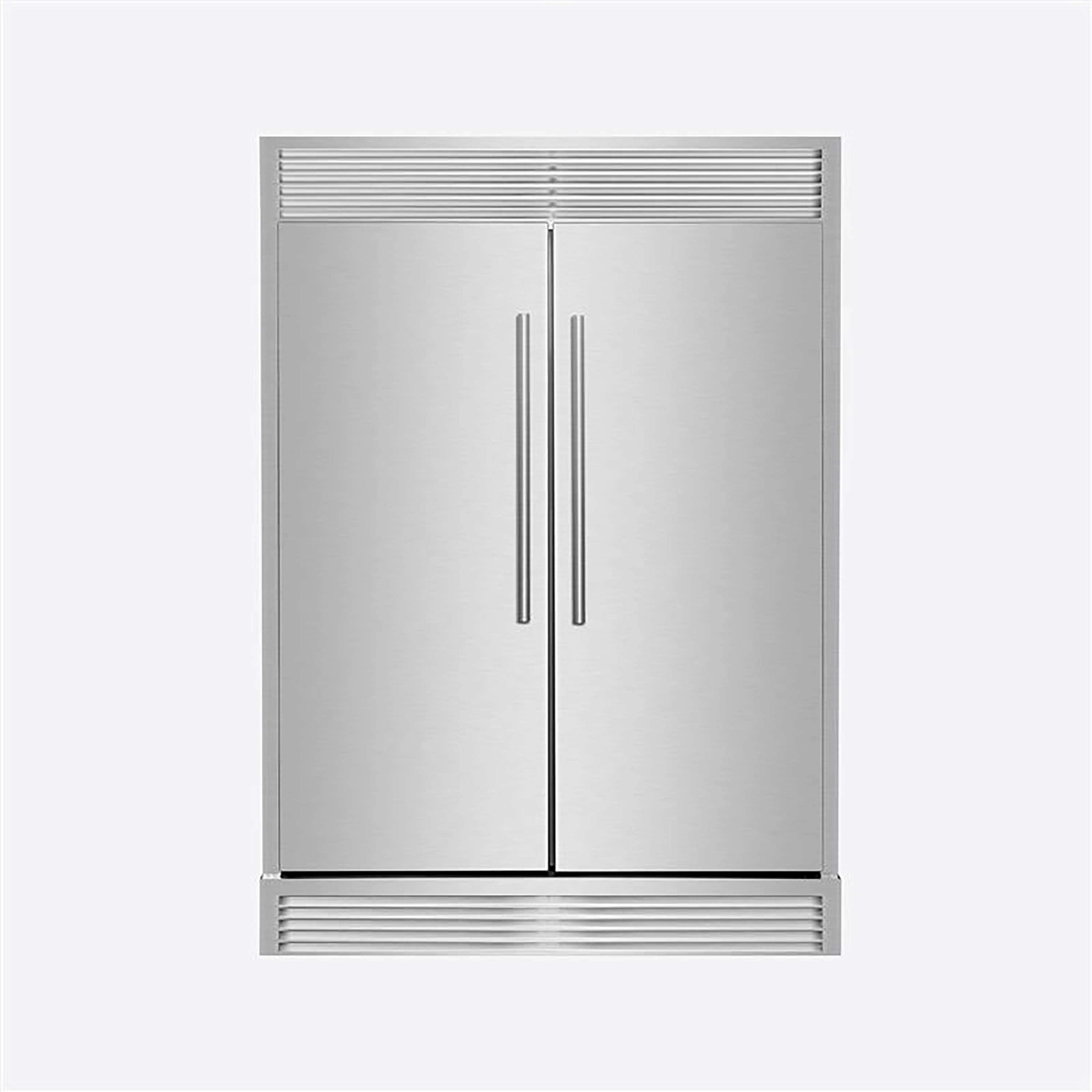 Stainless built-in convertible refrigerator with double doors and vented top grille