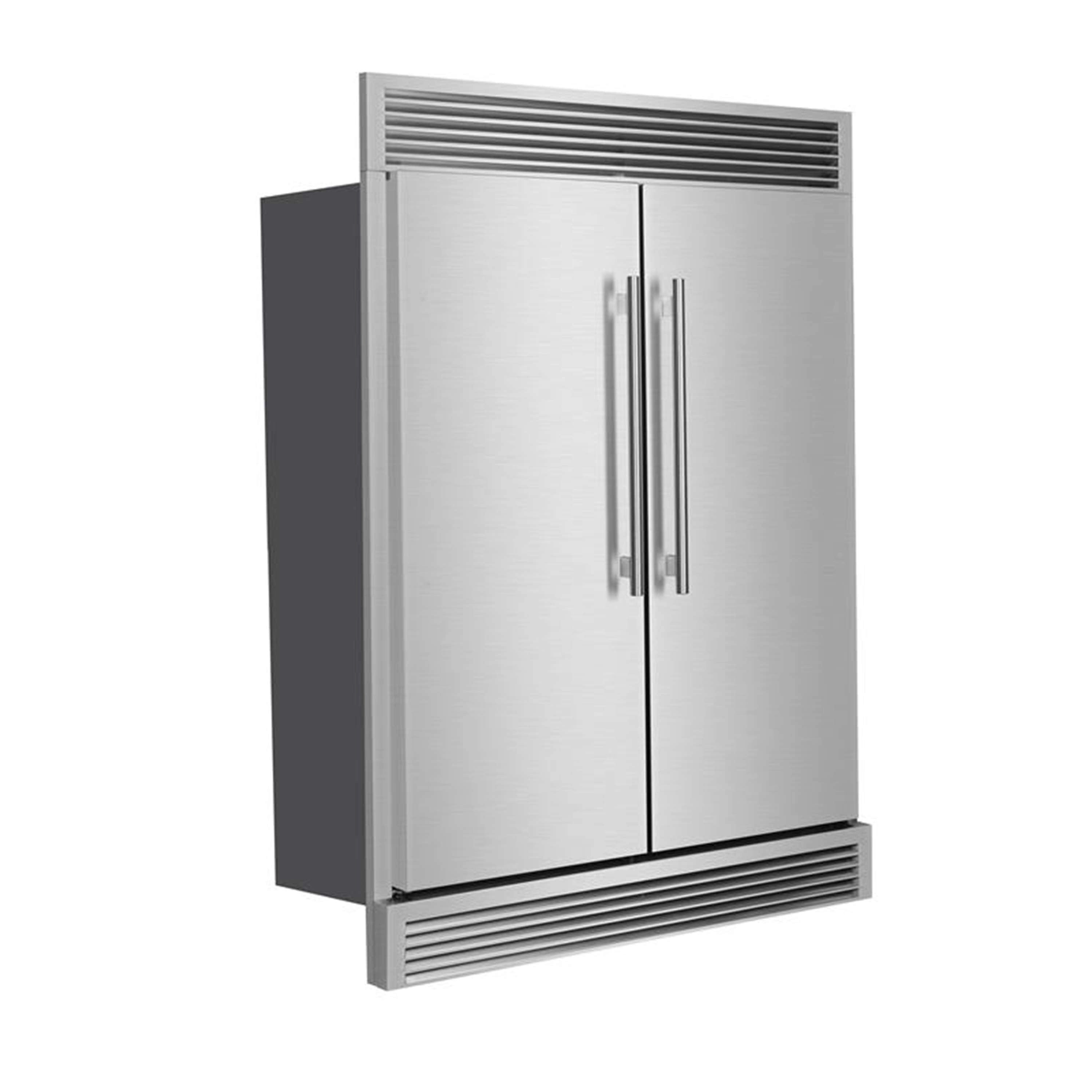 Stainless built-in refrigerator with vertical double doors and vented top grille