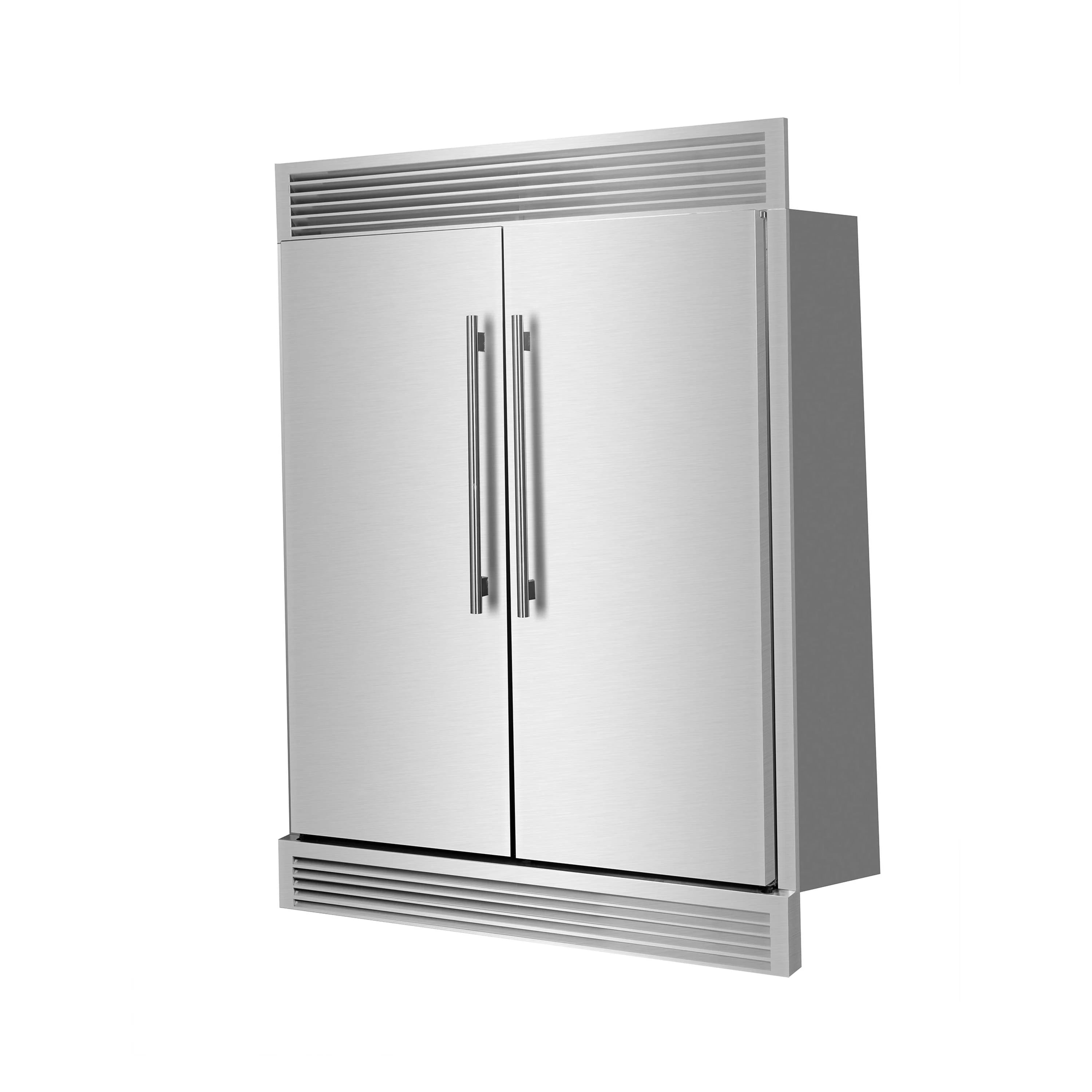 Stainless built-in convertible refrigerator with vertical handles and vented bottom grille