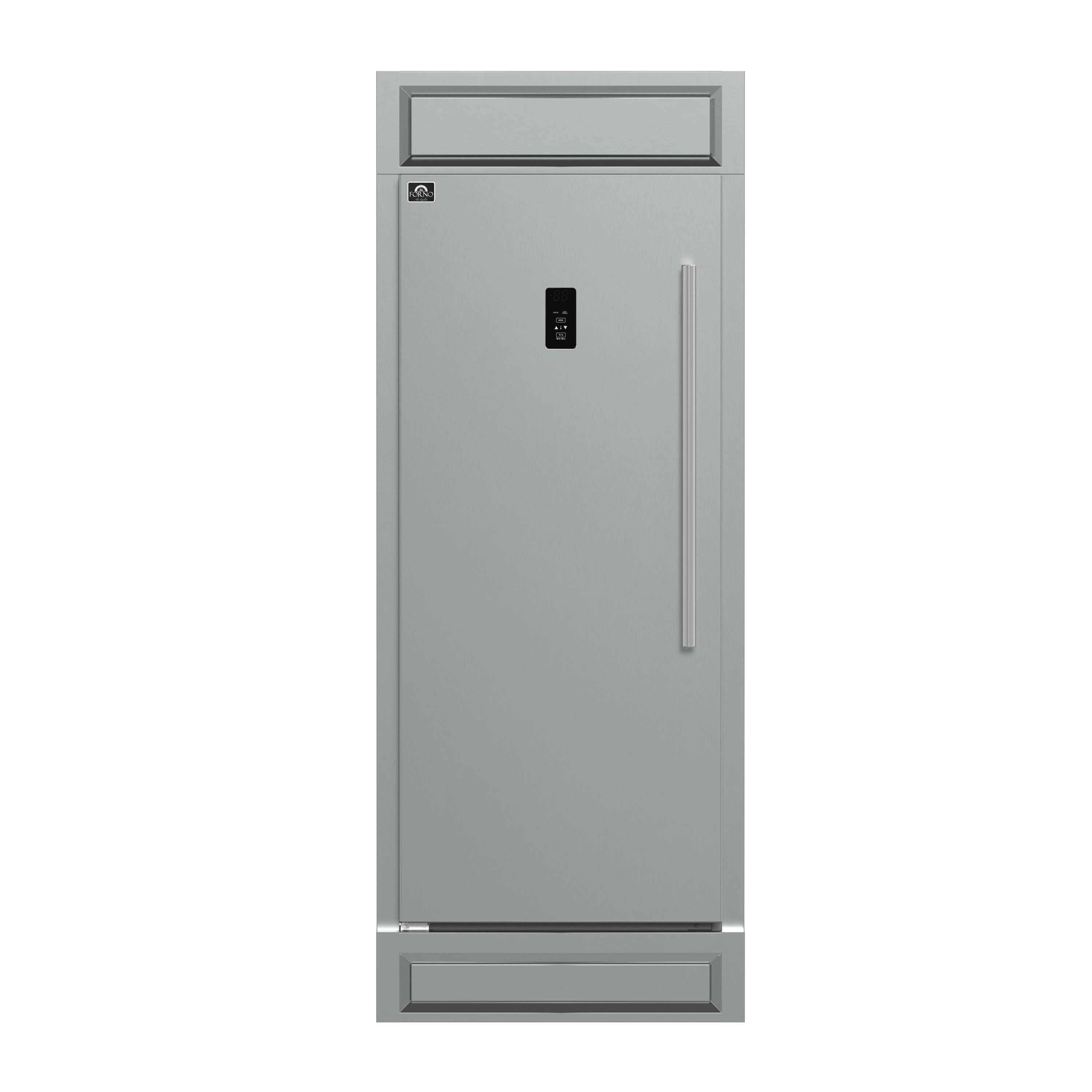 32-inch left-swing freezer in stainless steel with dispenser panel and vertical handle