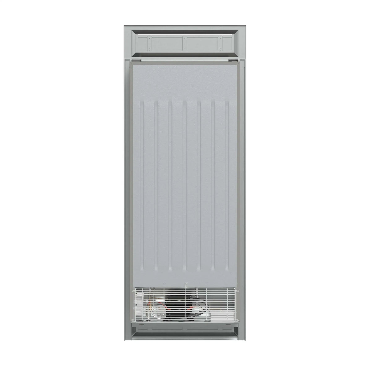 Freezer compartment door panel with vertical grooves and lower vent grille
