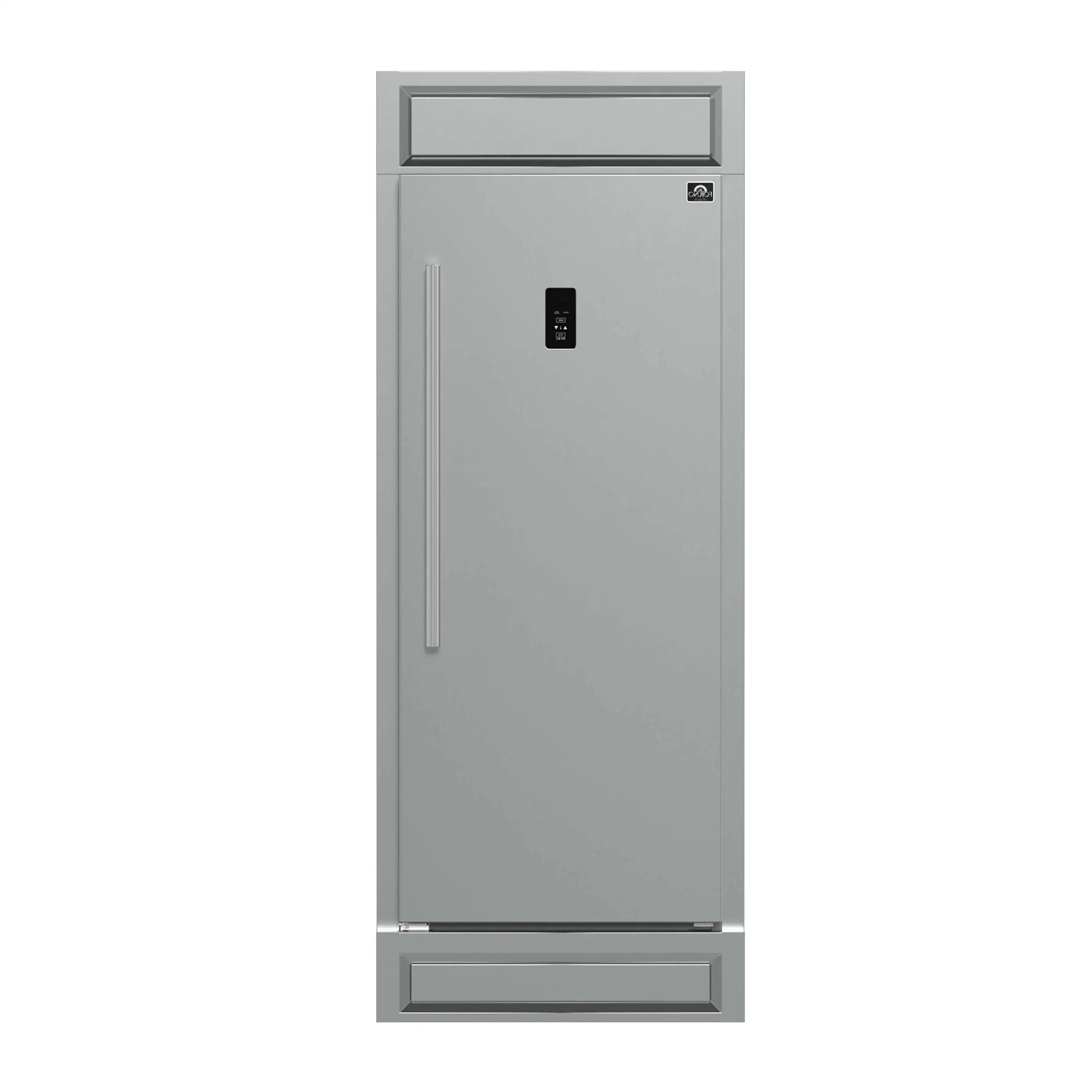 Stainless steel refrigerator-freezer door with vertical handle and control display