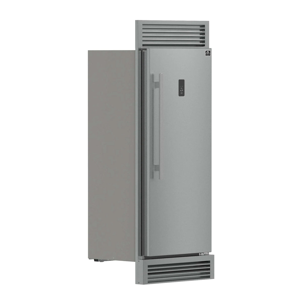 Stainless steel convertible refrigerator/freezer side exterior with vertical handle and grille