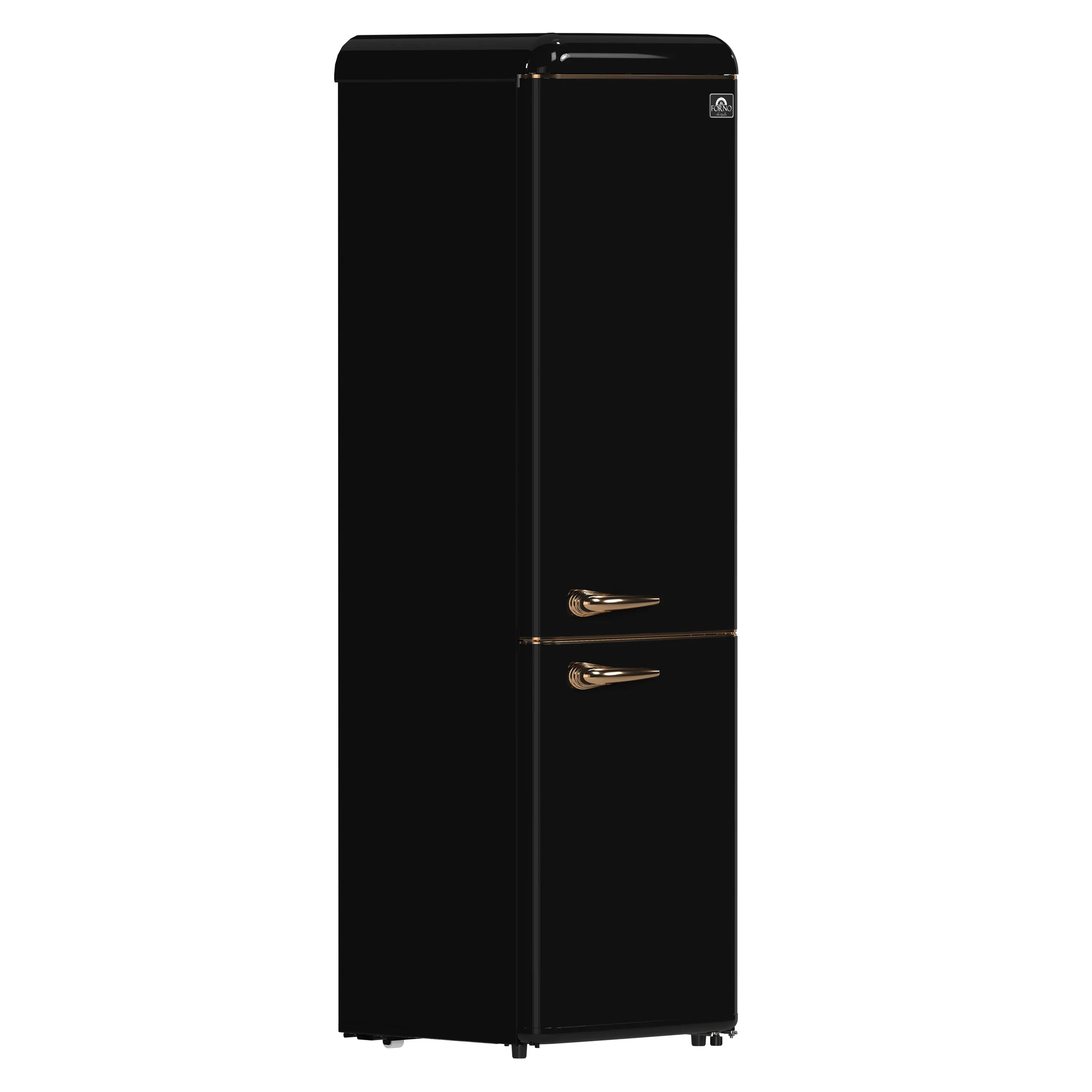 Black retro bottom-freezer refrigerator with two copper-tone bar handles