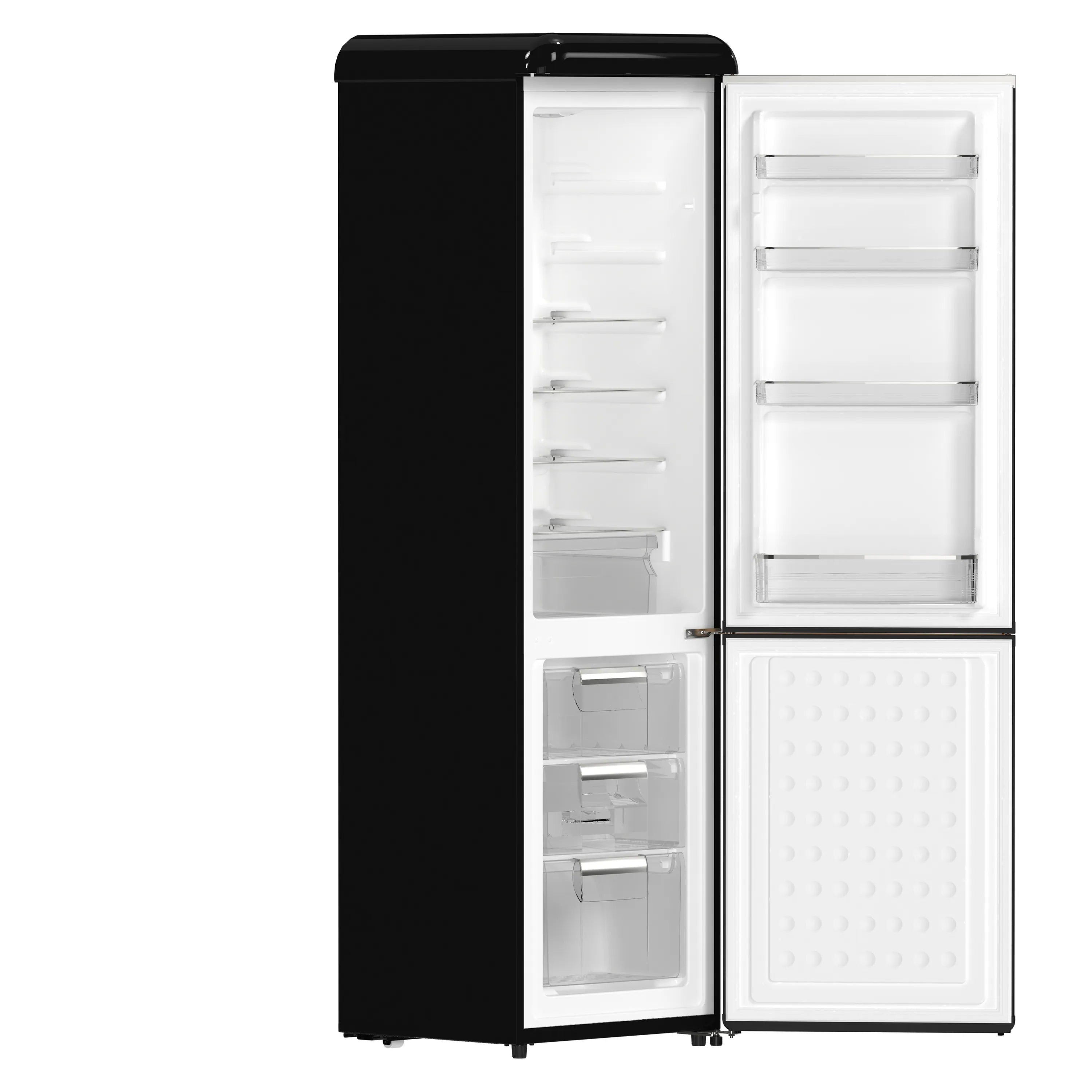 Black retro refrigerator with open doors showing fridge shelves and bottom freezer compartment